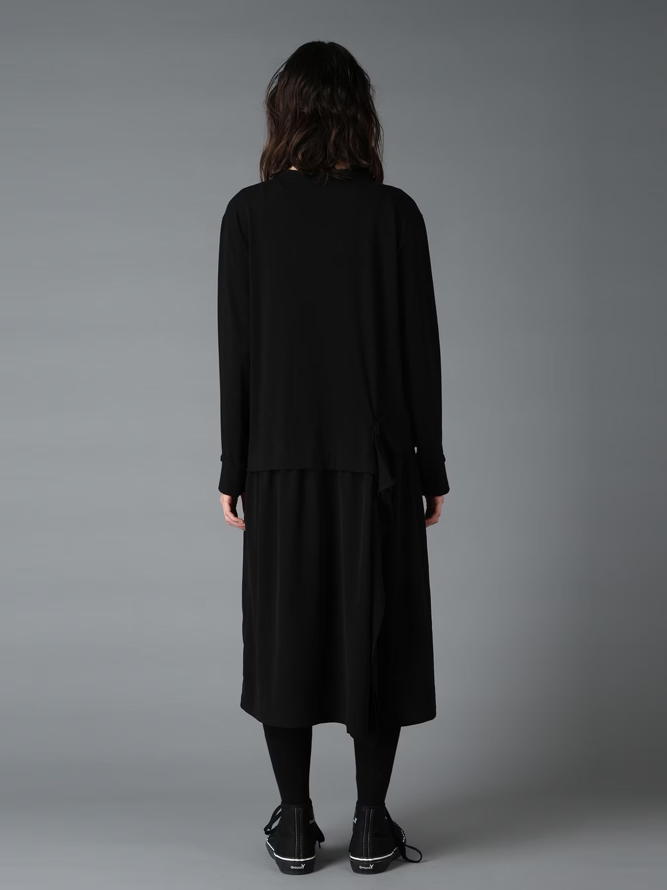 SILICON JERSEY+CREPE de CHINE PANEL LONG DRESS / BLACK  [GW-D04-801-1]