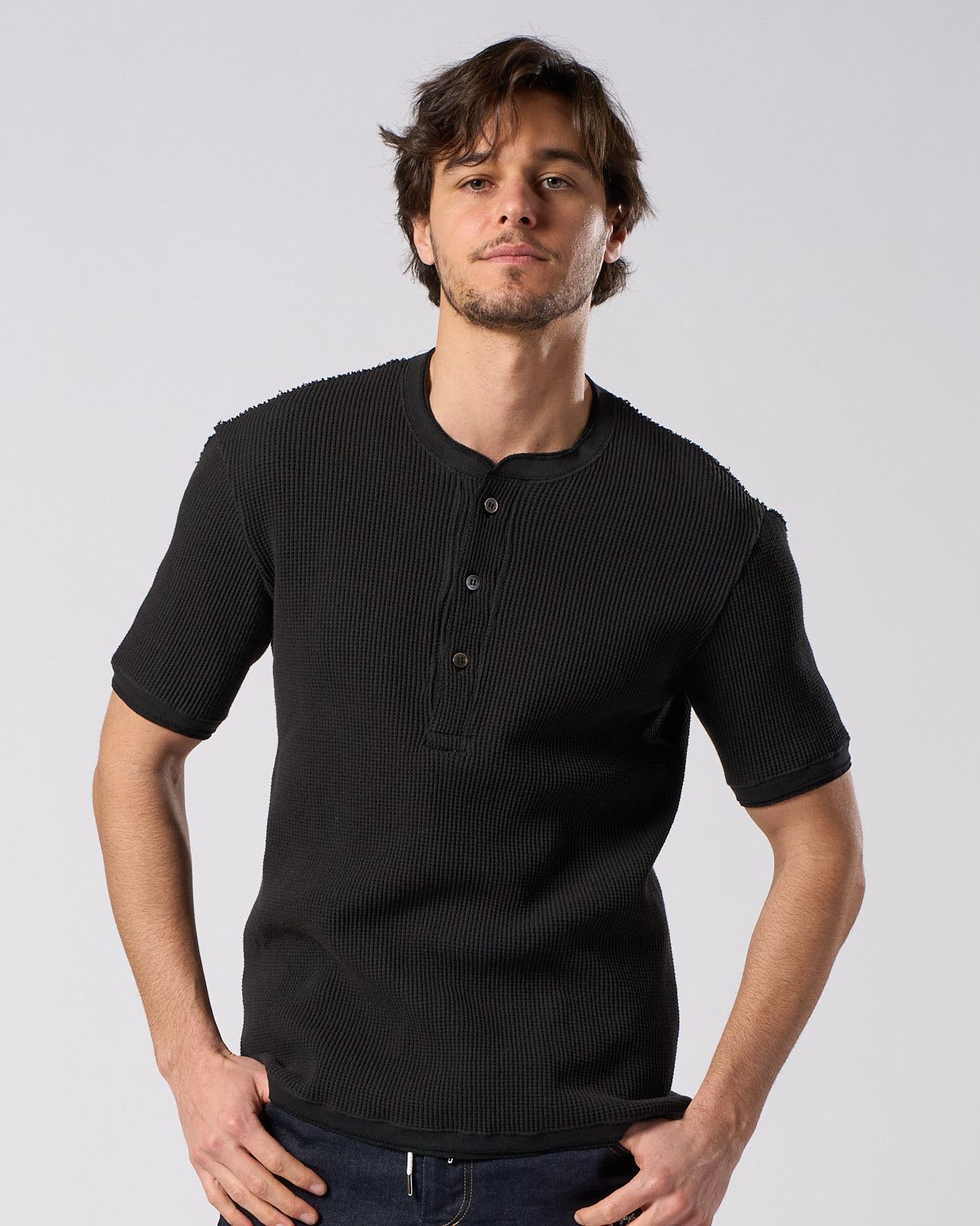 ☆先行予約☆ ワッフルヘンリーネック S/S  カットソー /  waffle henley S/S / BLACK [7131 wf19i]