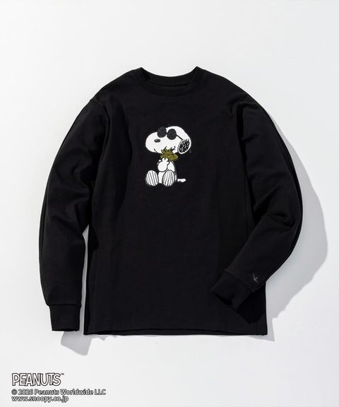 1PIU1UGUALE3 RELAX × PEANUTS / 【スヌーピー】ジョー・クルー＆ウッドストックロングTシャツ / ブラック【UST-26094】
