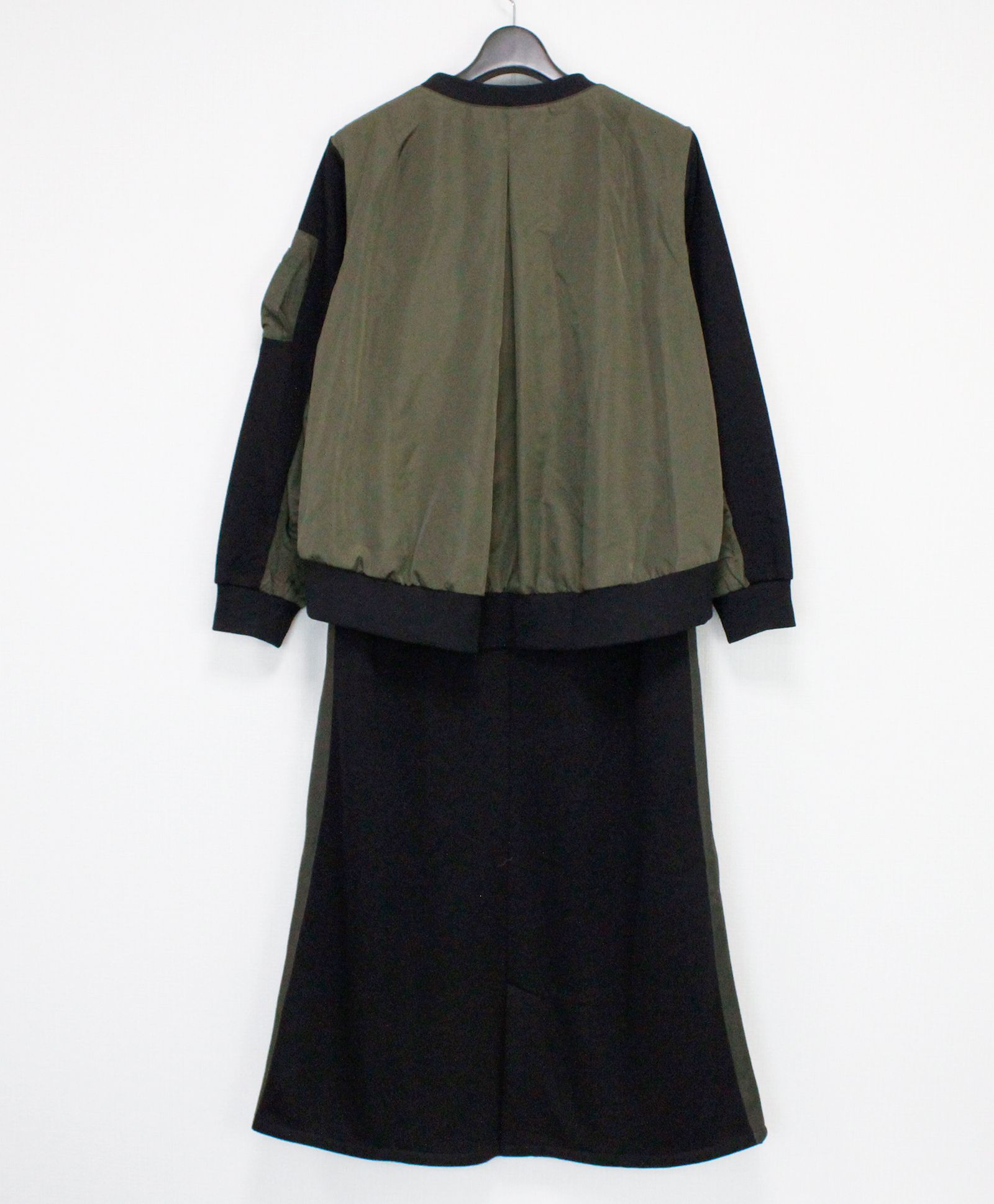 裏毛ミリタリーデザイン切替 L/S ワンピース /  ブラック x カーキ [bc609305]