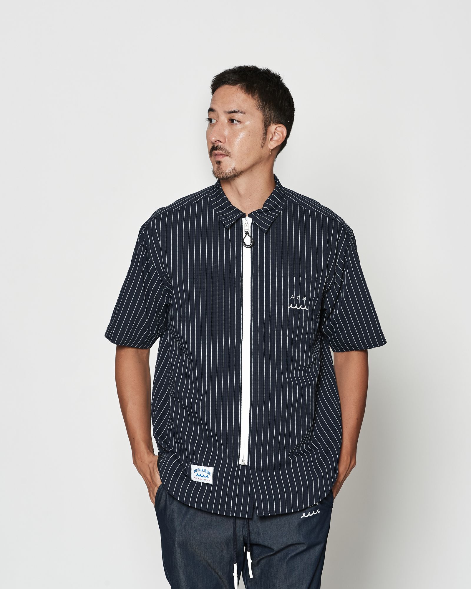 ☆先行予約☆muta MARINE × ACANTHUS  /Dot Air®ジップアップショートスリーブシャツ / Dot Air® Zip Up S/S Shirt / WHITE STRIPE【MA2604】