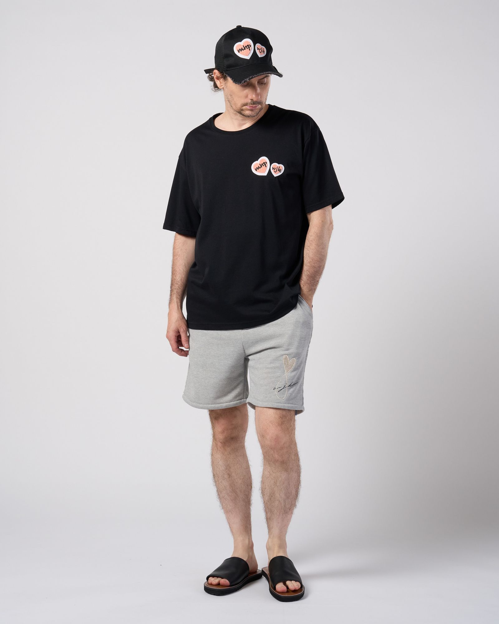 ☆先行予約☆Maison Honoré Paris× wjk  / 2ハートパッチ カットオフ メッシュキャップ / 2-heart patch cut-off mesh cap / black×pink 【813 hw04k】