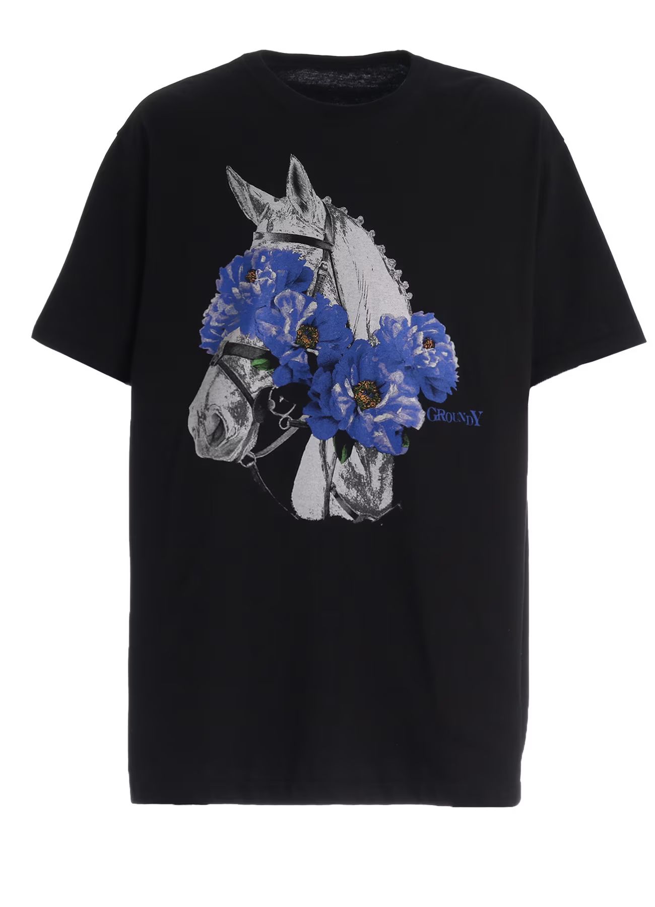JERSEY HORSE AND BLUE PEONY T-SHIRT / BLACK [GW-T76-070-2]