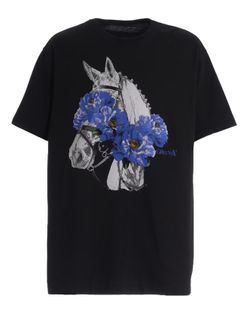 JERSEY HORSE AND BLUE PEONY T-SHIRT / BLACK [GW-T76-070-2]
