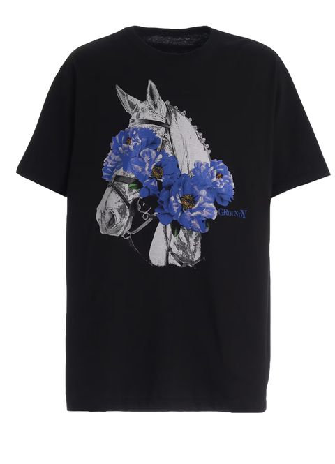 JERSEY HORSE AND BLUE PEONY T-SHIRT / BLACK [GW-T76-070-2]
