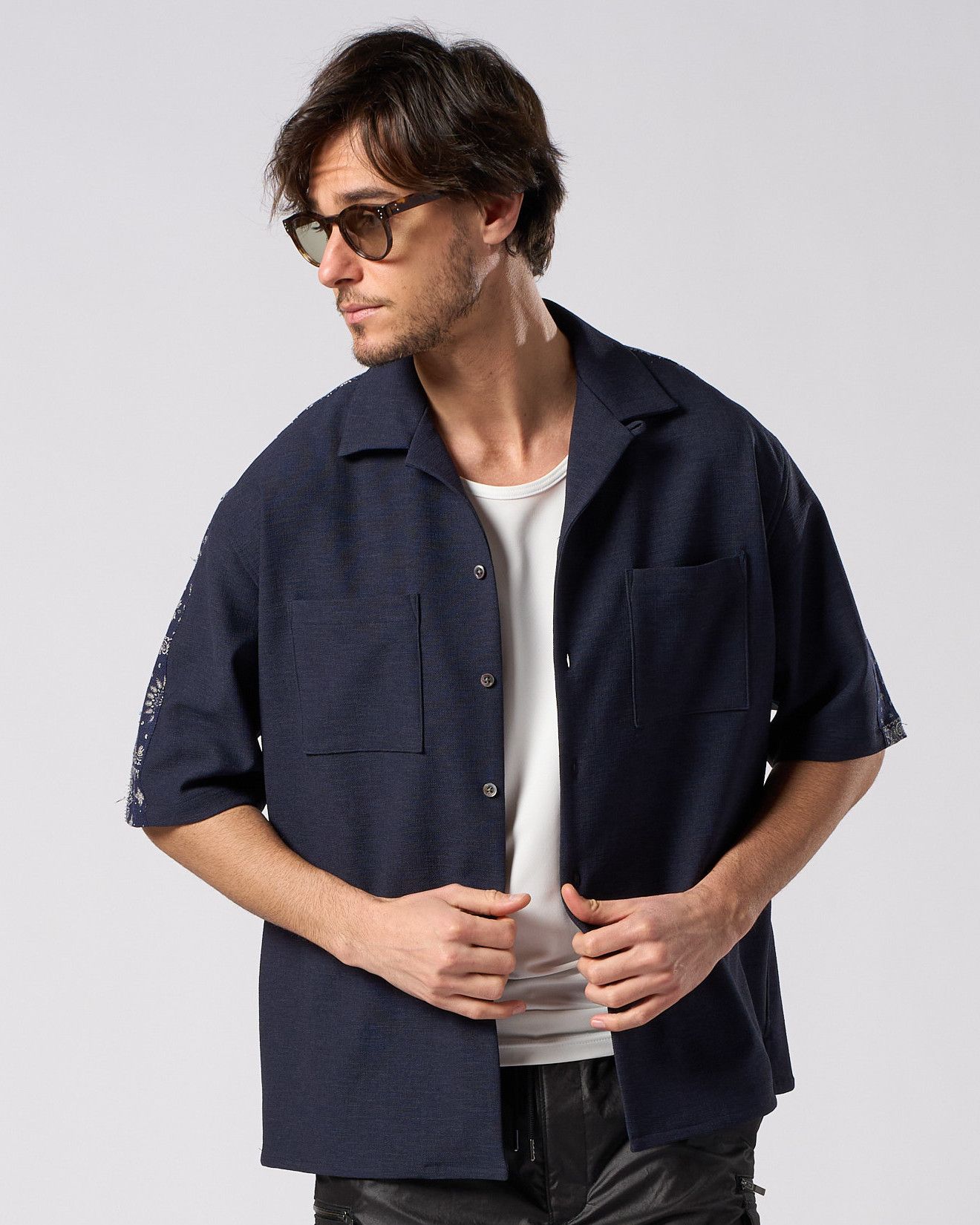 ☆先行予約☆ バンダナプリントパネルオープンカラーシャツ /  bandana print panel open shirt / NAVY [4401 pe48i]