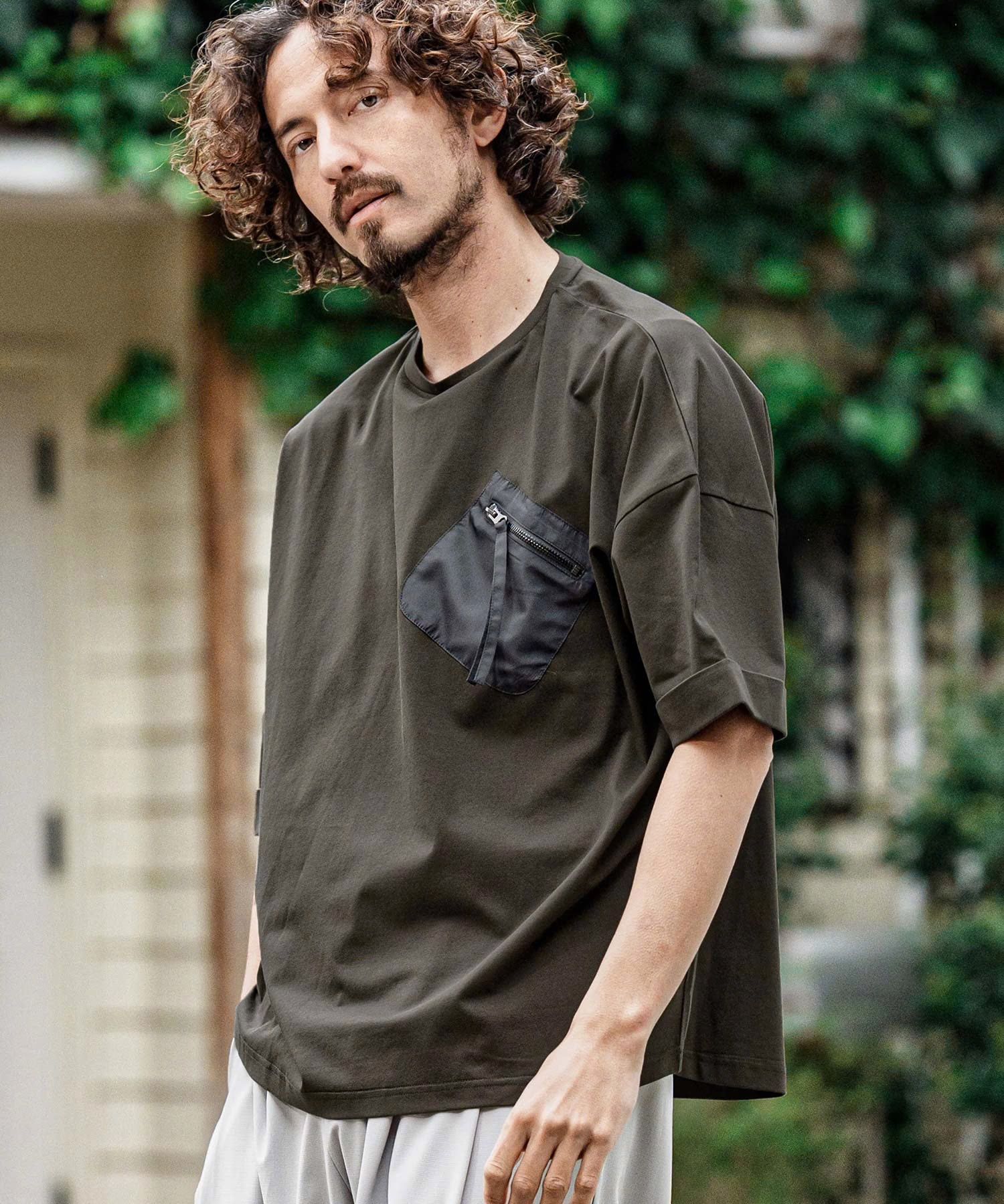 胸ポケットZIPショートスリーブTシャツ / チャコール【341038】