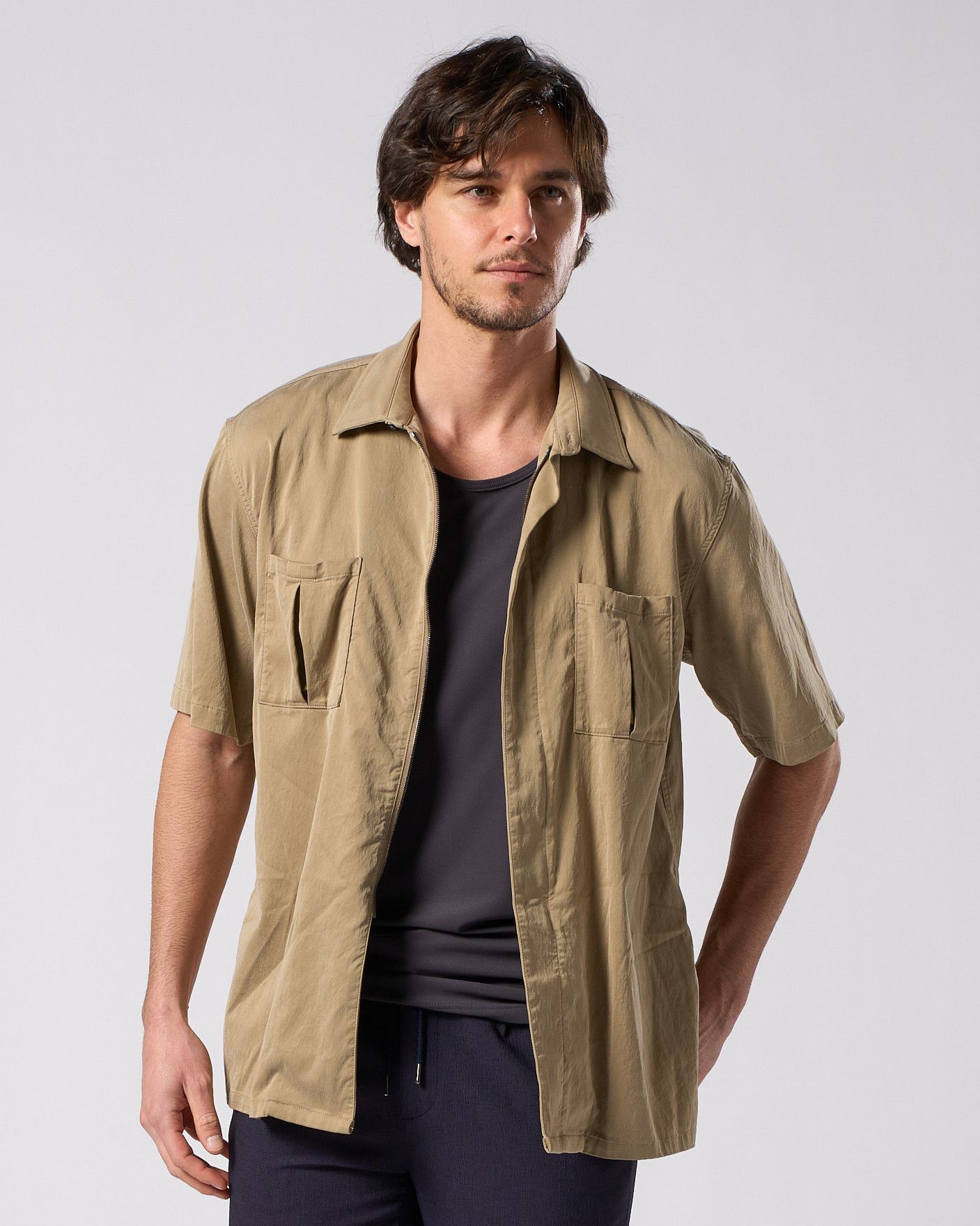 ☆先行予約☆ フロントジップハーフスリーブシャツ /  front-zip shirt H/S / DULL BEIGE [4906 cu01i]