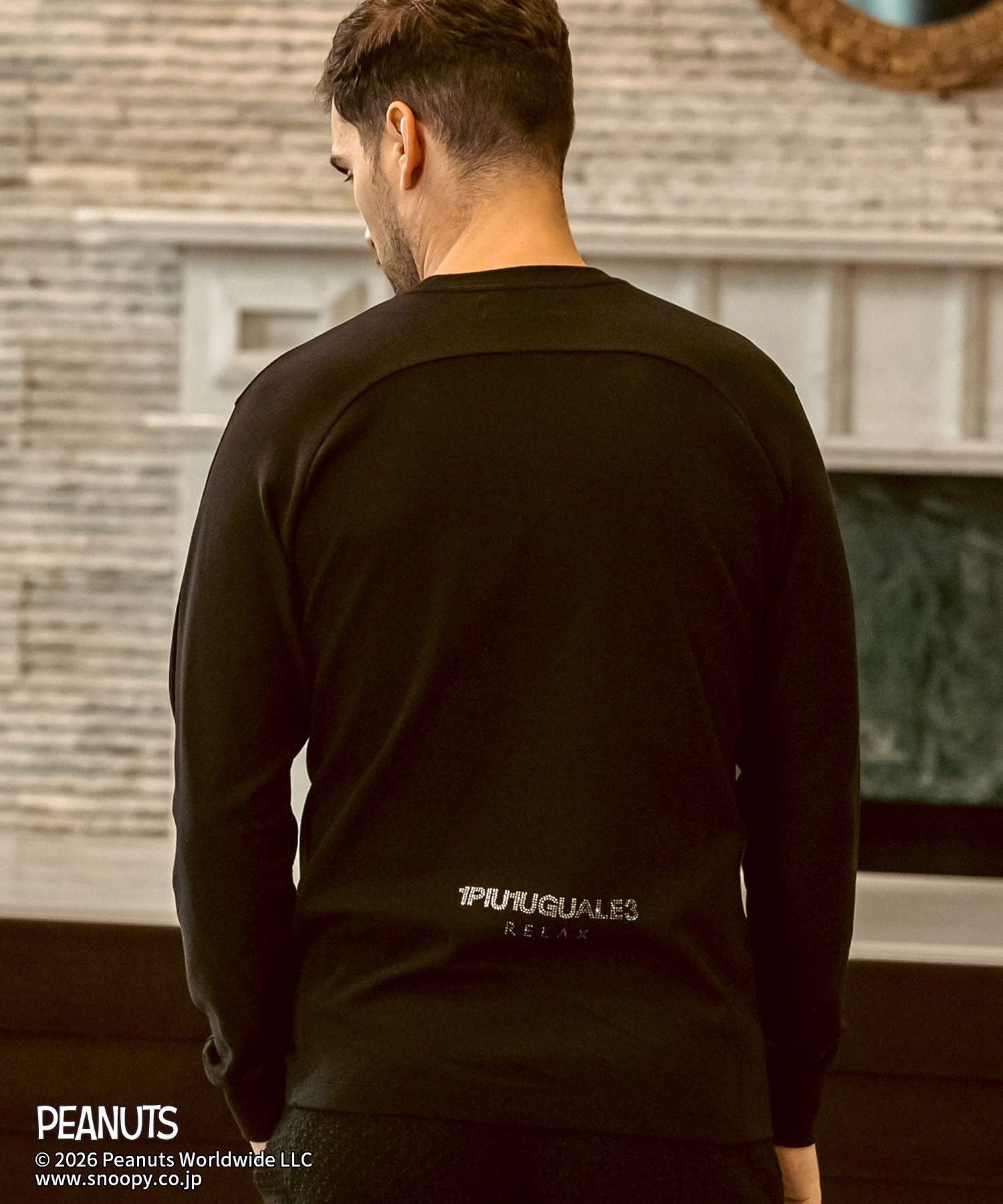 1PIU1UGUALE3 RELAX × PEANUTS / 【スヌーピー】ジョー・クルー＆ウッドストックロングTシャツ / ブラック【UST-26094】