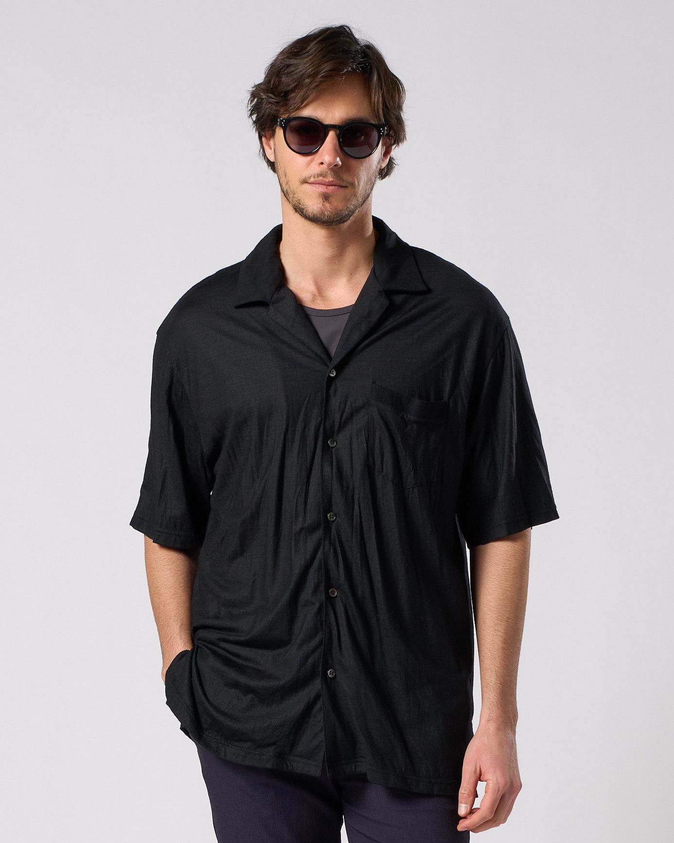 ☆先行予約☆ オープンカラーシャツ /  ex.comfy wool open collar shirt / BLACK [4910 wn08i]