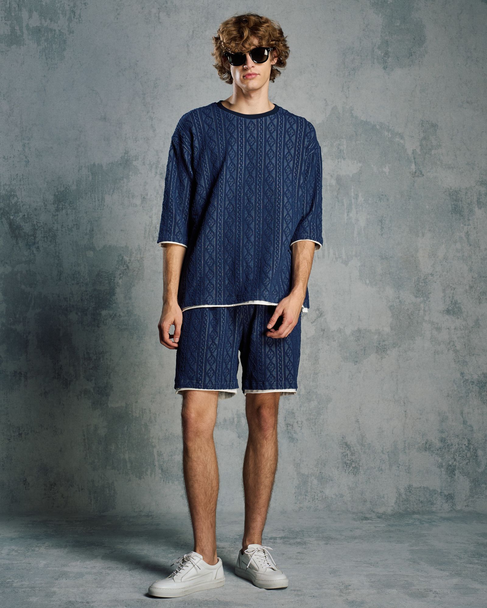 ☆先行予約☆ ジャガードサマーニット ハーフスリーブ /  jacquard summer knit H/S / NAVY[7401 kc01i]
