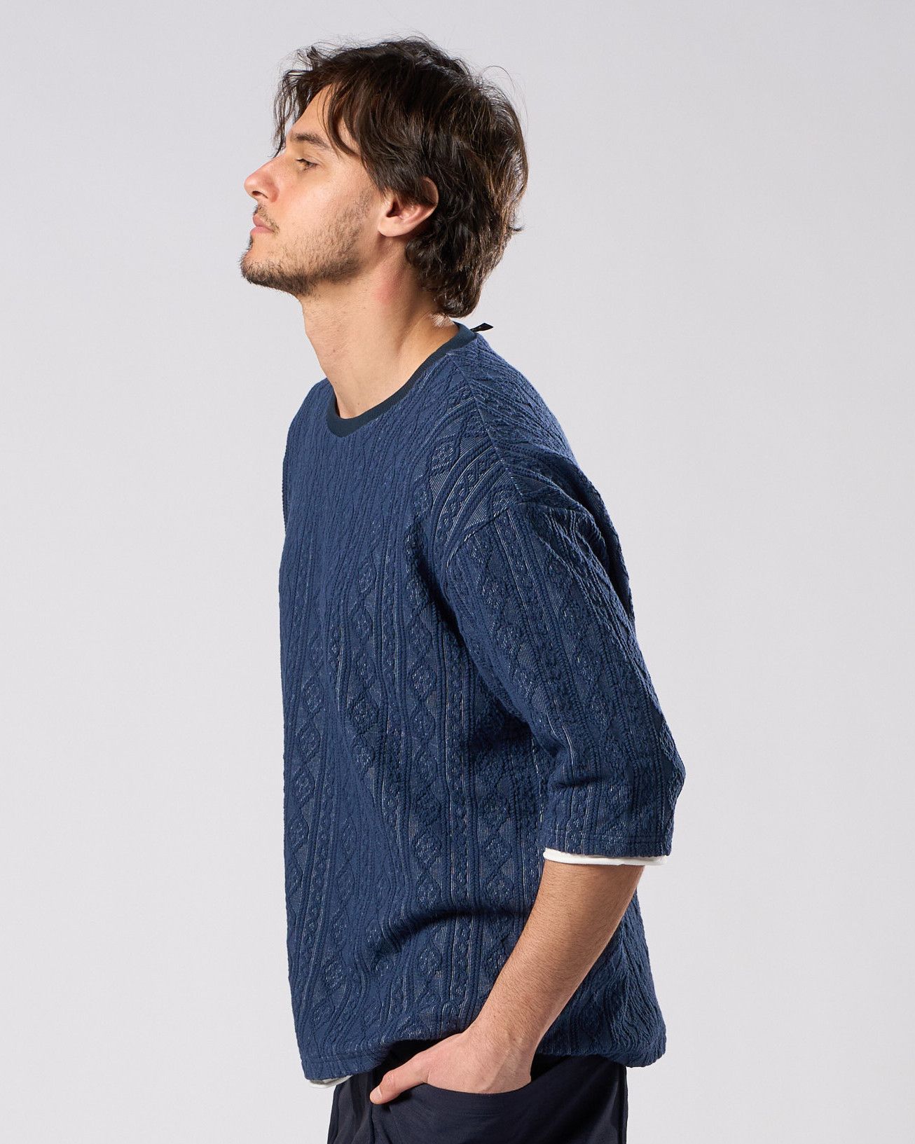 ☆先行予約☆ ジャガードサマーニット ハーフスリーブ /  jacquard summer knit H/S / NAVY[7401 kc01i]