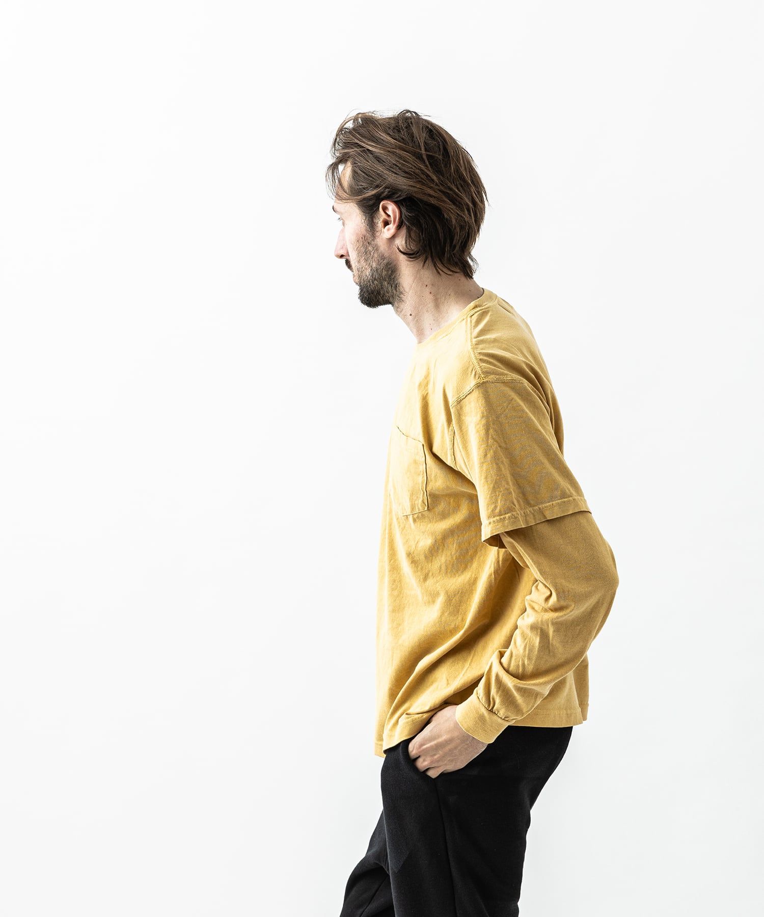 レイヤードポケットTシャツ / Germent DyedLayered Pocket L-S Tee / MUSTARD