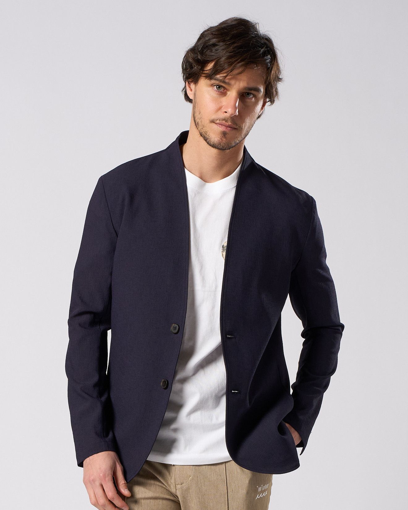 ☆先行予約☆ ノーカラー シングルジャケット /  solid collar single jacket / NAVY [2090 pe51i]