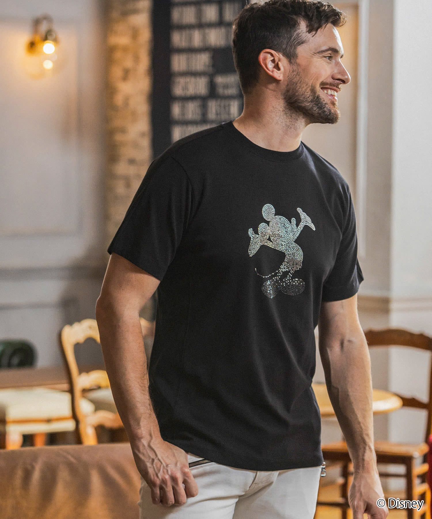 【ミッキーマウス】ラインストーンシルエット半袖Tシャツ / ブラック【UST-26093】