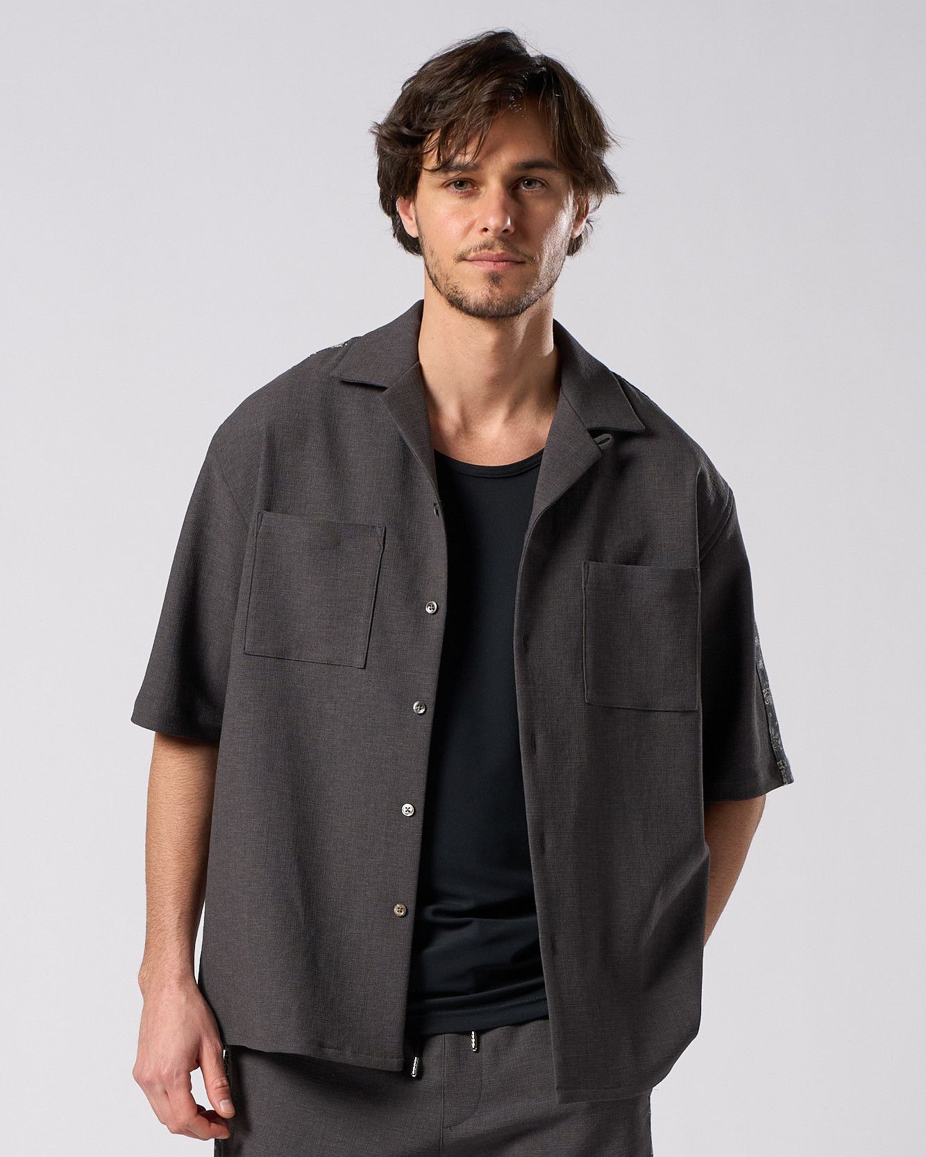 ☆先行予約☆ バンダナプリントパネルオープンカラーシャツ /  bandana print panel open shirt / CHARCOAL[4401 pe48i]