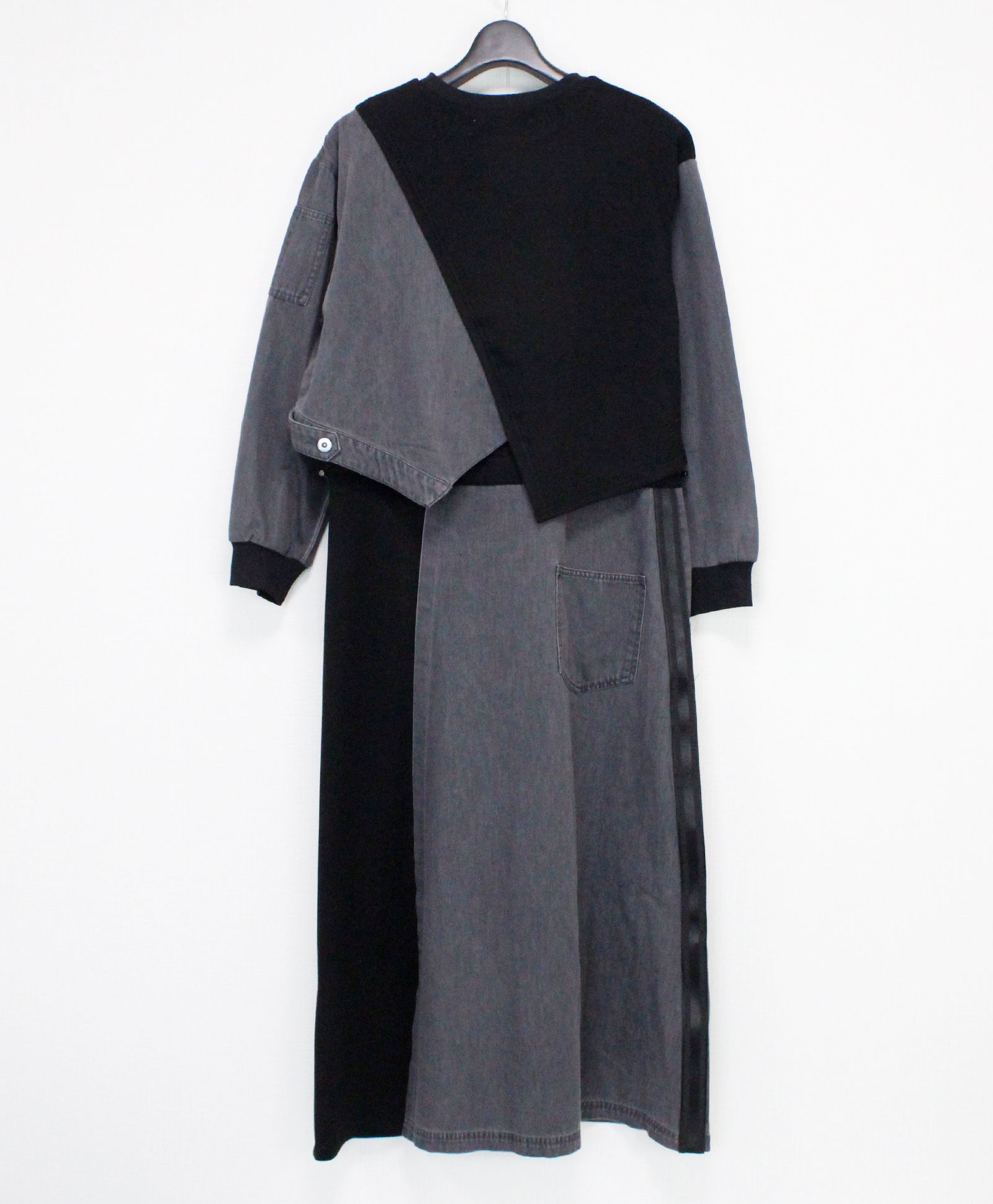 ソフトデニム x ポンチ切替 L/S ワンピース /  ブラック x ブラック  [bc609304]
