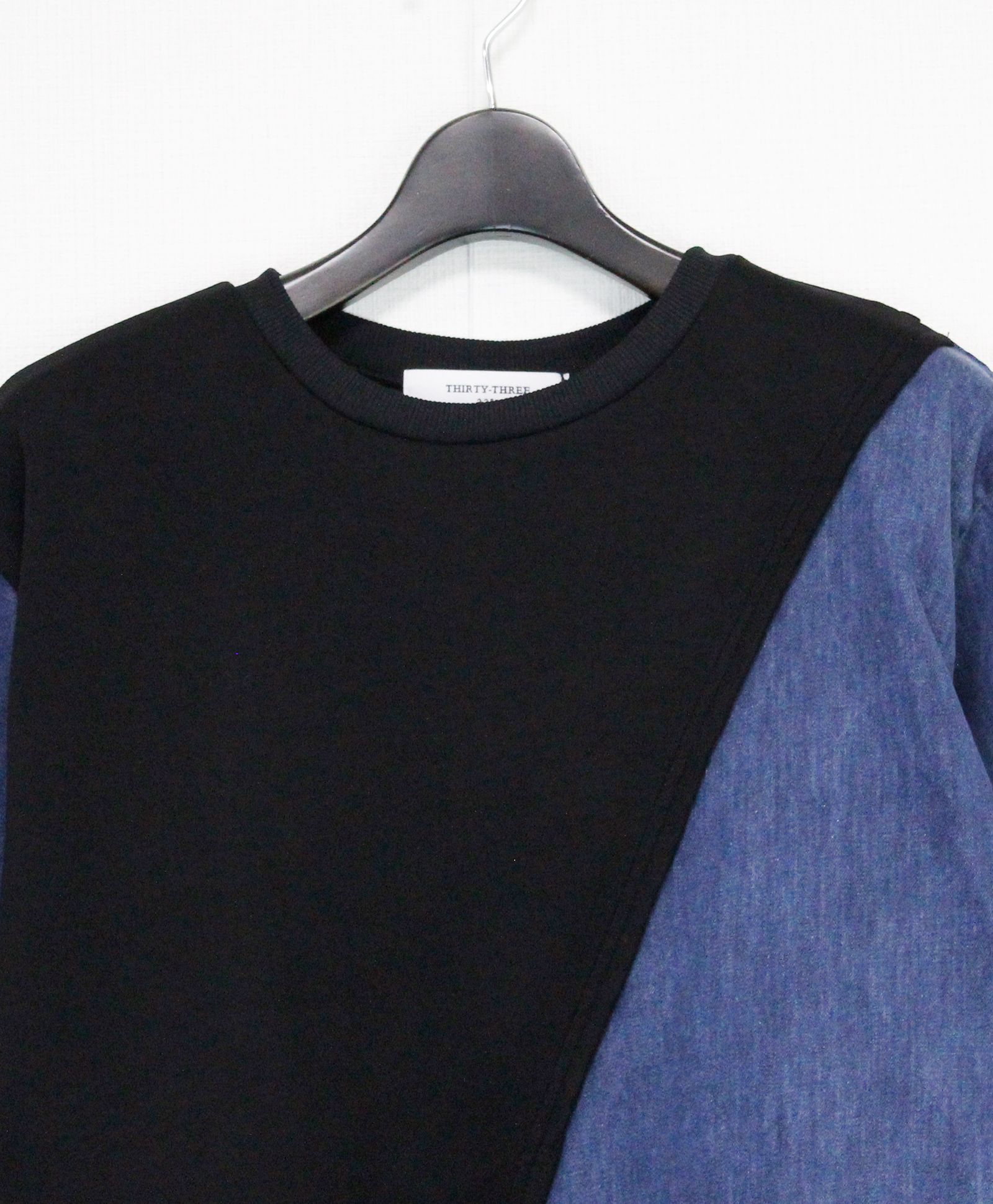 ソフトデニム x ポンチ切替 L/S ワンピース /  ブルー x ブラック  [bc609304]