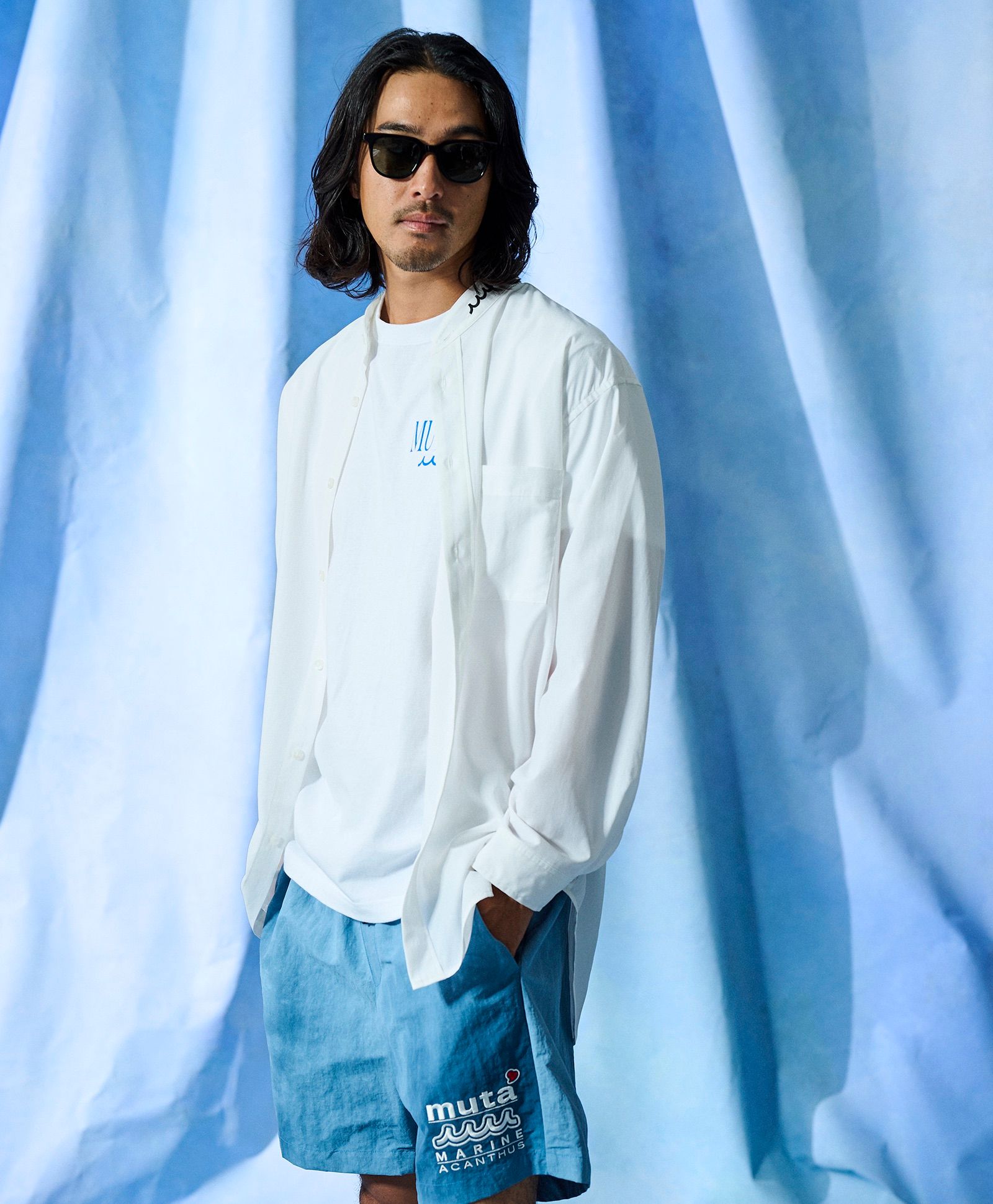 ☆先行予約☆muta MARINE × ACANTHUS  / Wネームロゴショーツ /  W-name logo S/S shorts / BLUE 【MA2729】