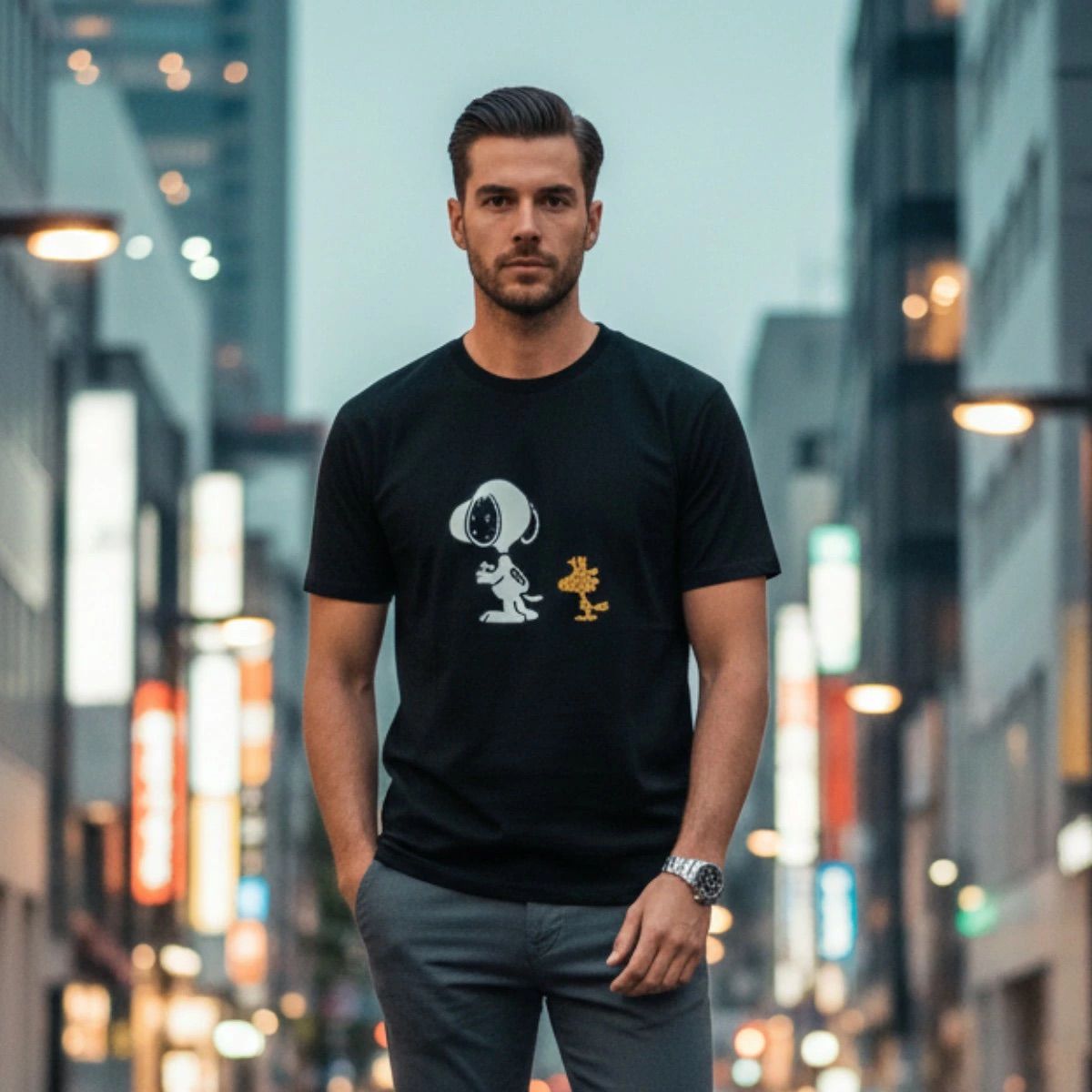 1PIU1UGUALE3 RELAX × PEANUTS / スヌーピー ラインストーン半袖Tシャツ / ブラック【UST-26056】