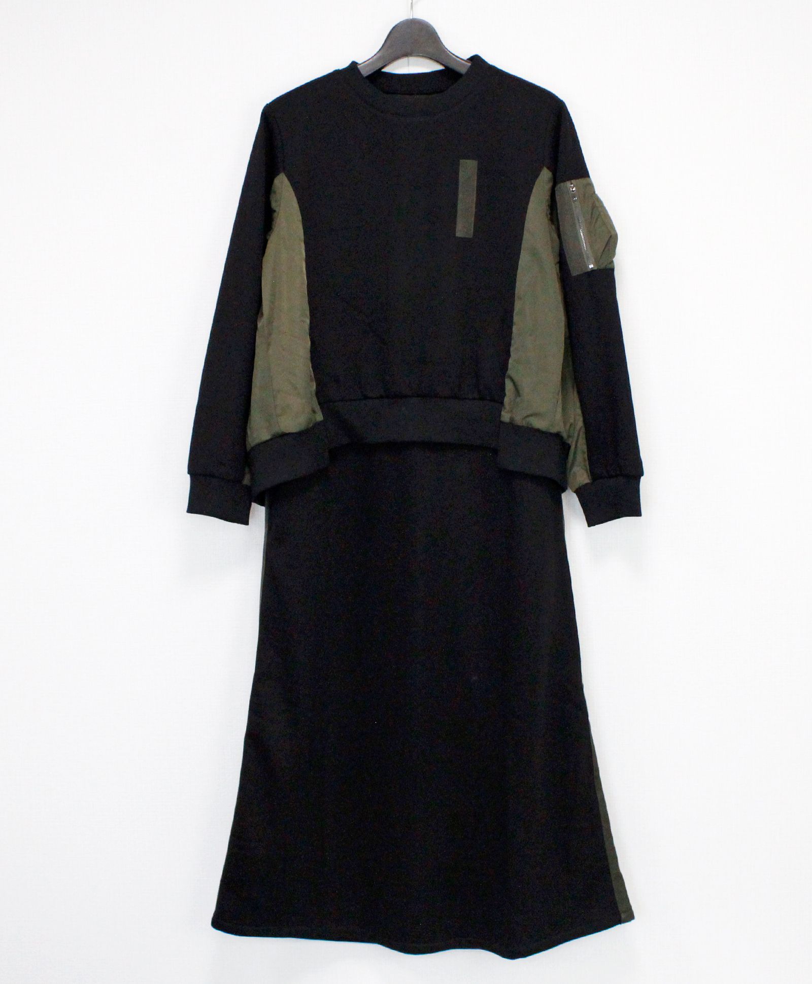 裏毛ミリタリーデザイン切替 L/S ワンピース /  ブラック x カーキ [bc609305]
