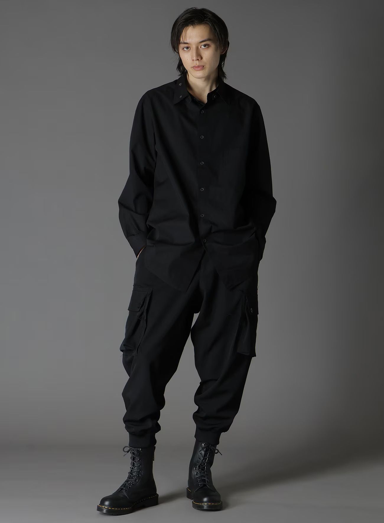 WOOL GABARDINE STANDARD RIBBED HEM CARGO  / ウールギャバジンリブカーゴパンツ / BLACK [GA-P07-101-1-03]