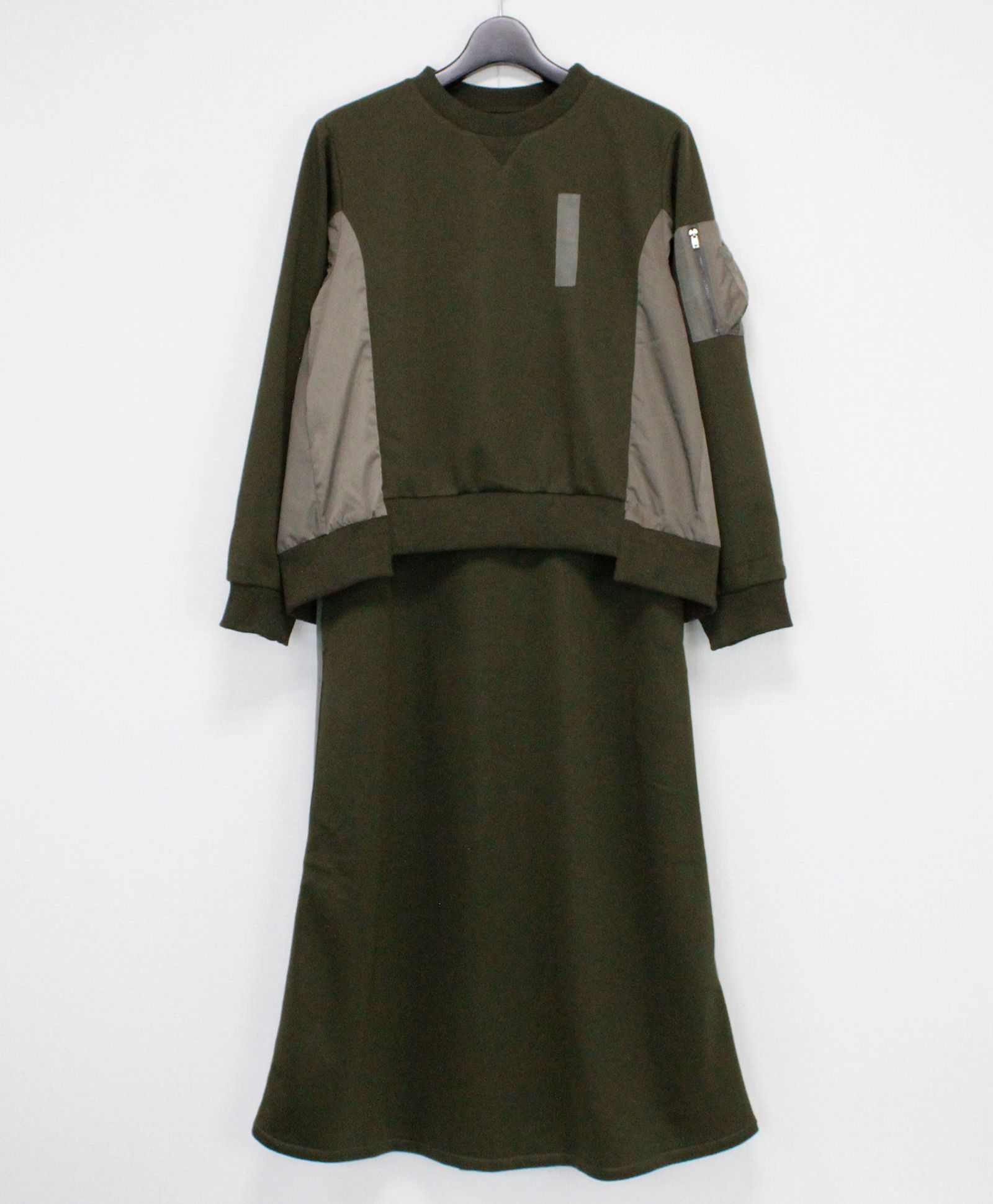 裏毛ミリタリーデザイン切替 L/S ワンピース /  カーキ [bc609305]