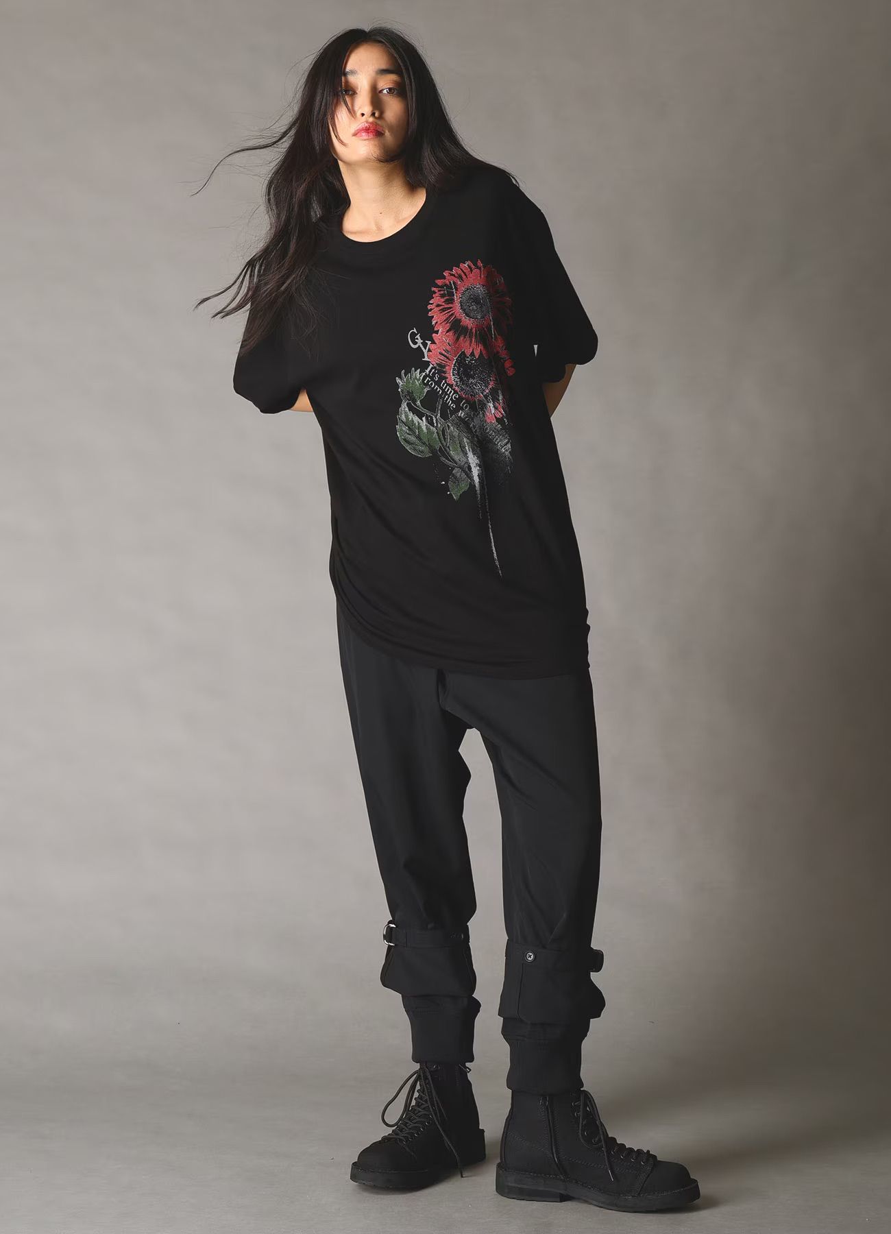 JERSEY SUNFLOWER T-SHIRT / BLACK [GK-T79-070-2]