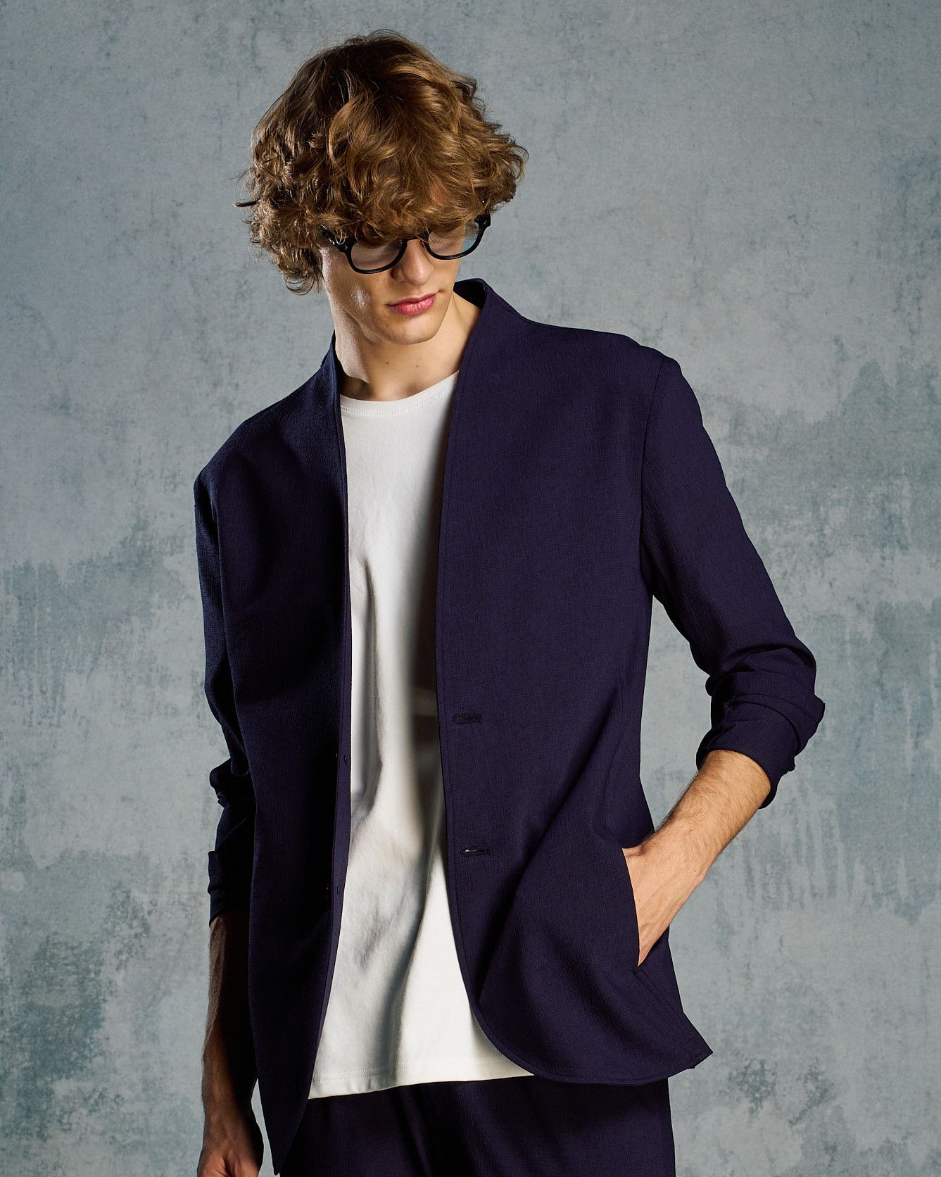 ☆先行予約☆ ノーカラー シングルジャケット /  solid collar single jacket / NAVY [2090 pe51i]