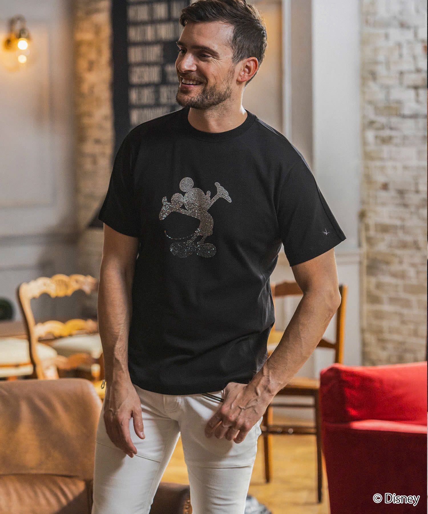 【ミッキーマウス】ラインストーンシルエット半袖Tシャツ / ブラック【UST-26093】
