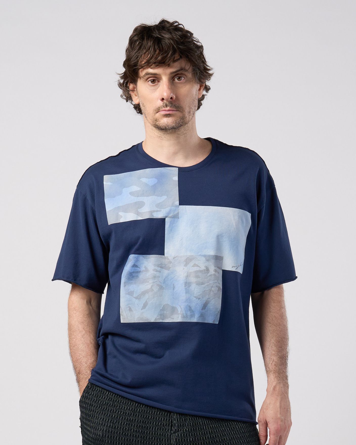 ☆先行予約☆ wjk  / ペーパープリント加工カットオフ半袖Tシャツ / paper print dust cut-off S/S / navy 【7153 lj93k】