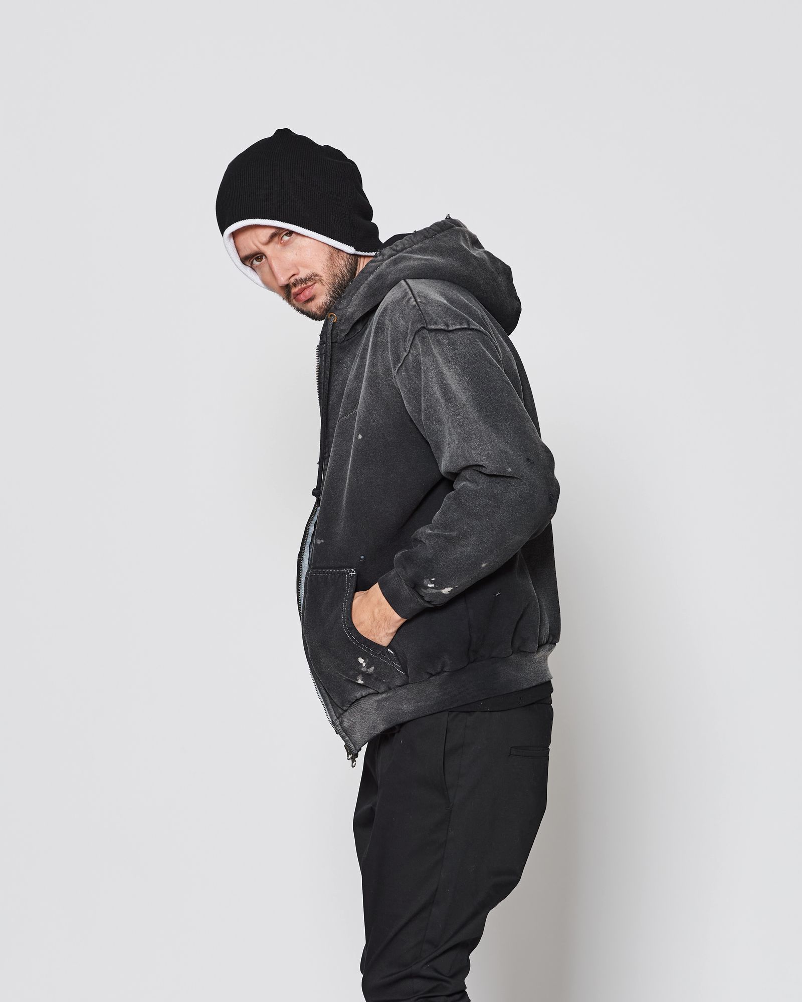 Damaged Zip Up Hooded Sweatshirt / ジップパーカー / FADEDBLACK 【DH2501】