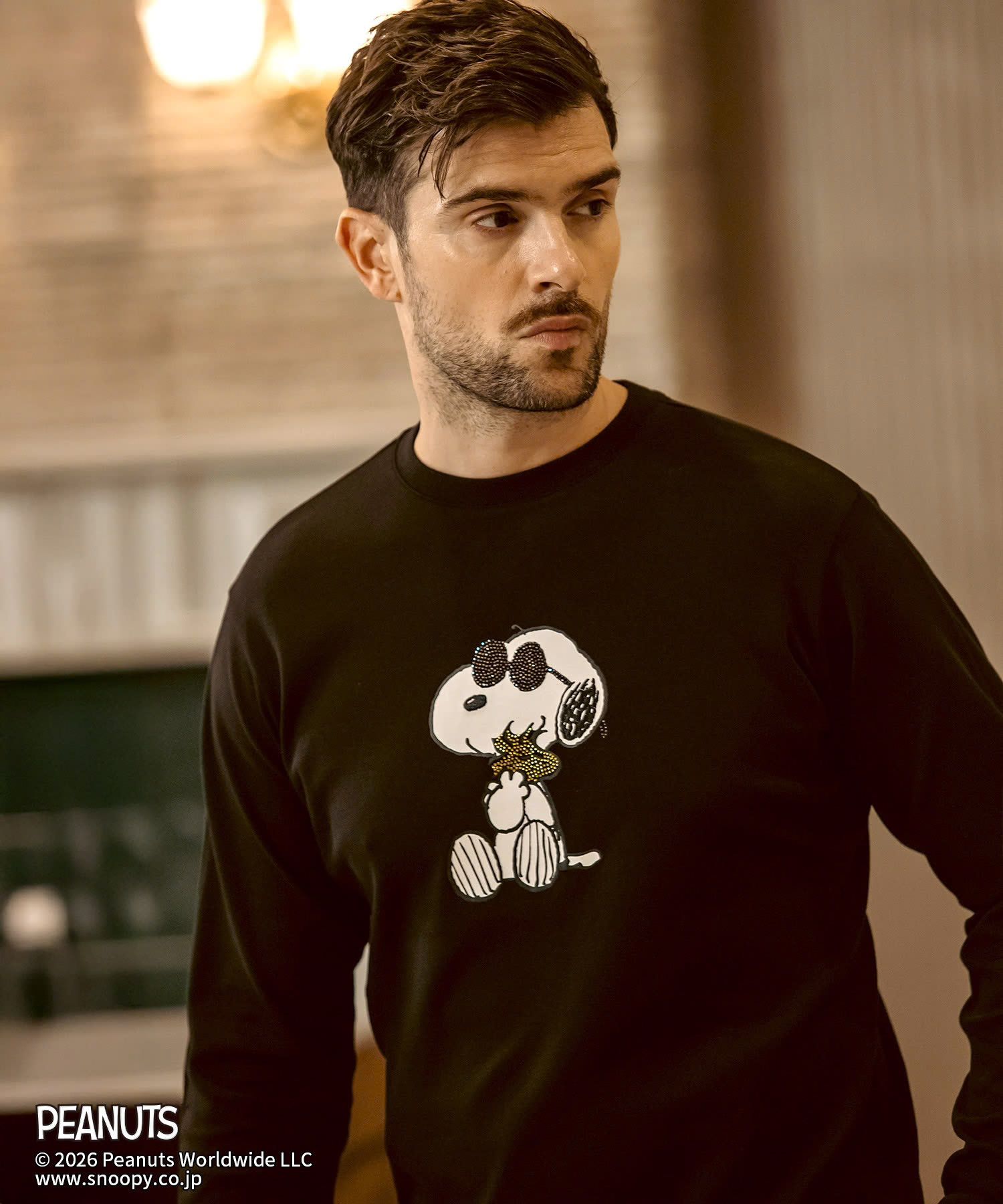 1PIU1UGUALE3 RELAX × PEANUTS / 【スヌーピー】ジョー・クルー＆ウッドストックロングTシャツ / ブラック【UST-26094】