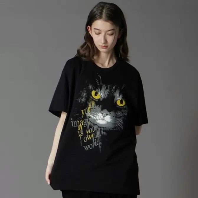 20/COTTON JERSEY CAT GRAPHIC T-SHIRT / BLACK [GL-T72-070-2-03]