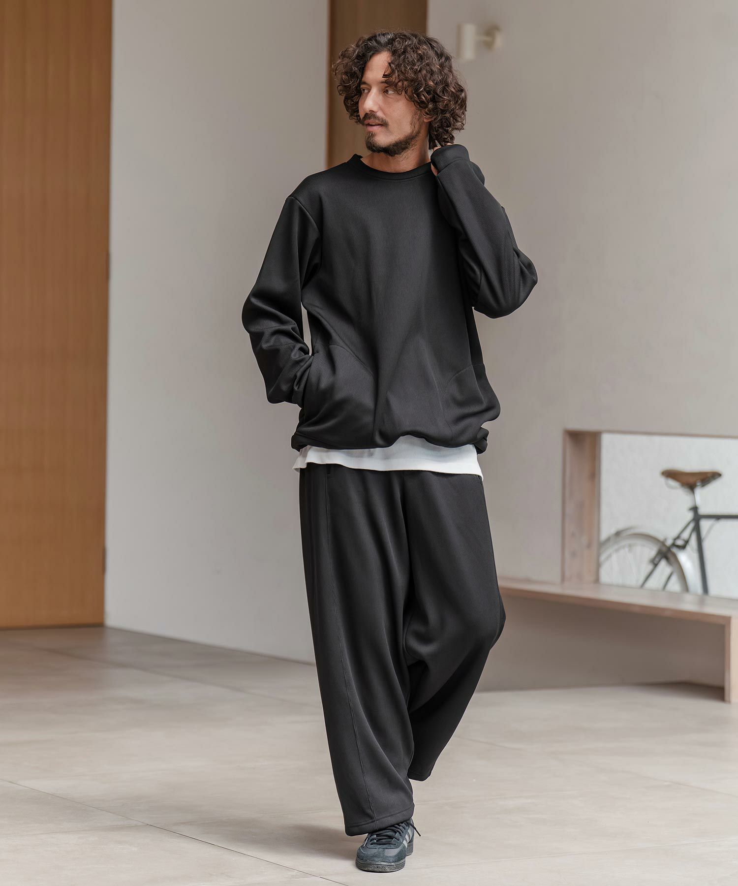 ドビー裏起毛ワイドパンツ / ブラック【131044】