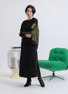 裏毛ミリタリーデザイン切替 L/S ワンピース /  ブラック x カーキ [bc609305]
