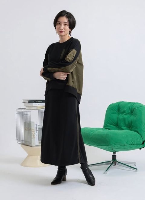 裏毛ミリタリーデザイン切替 L/S ワンピース /  ブラック x カーキ [bc609305]