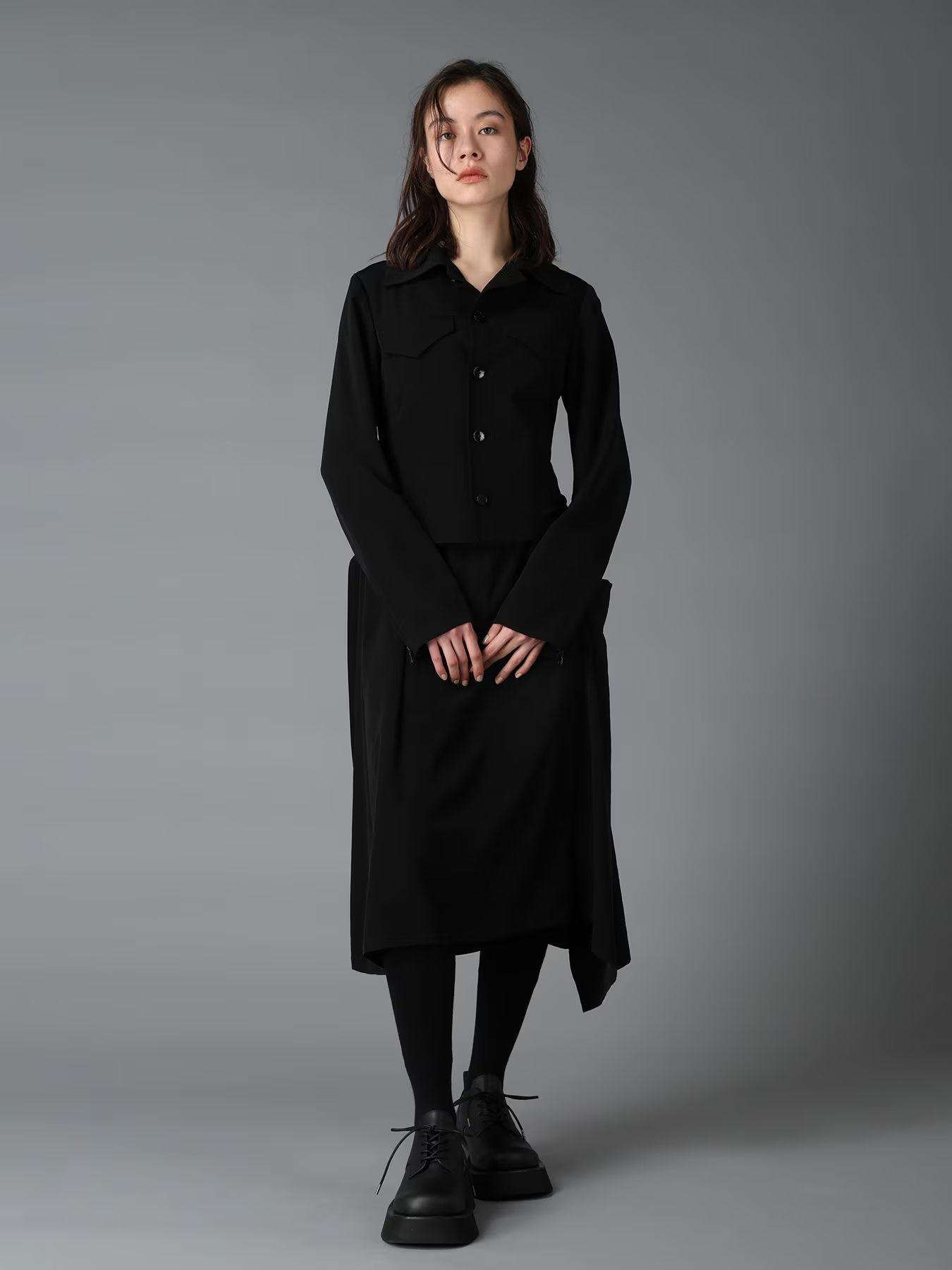 CREPE de CHINE LEFT DROP GATHER SKIRT / BLACK  [GW-S02-500-1]