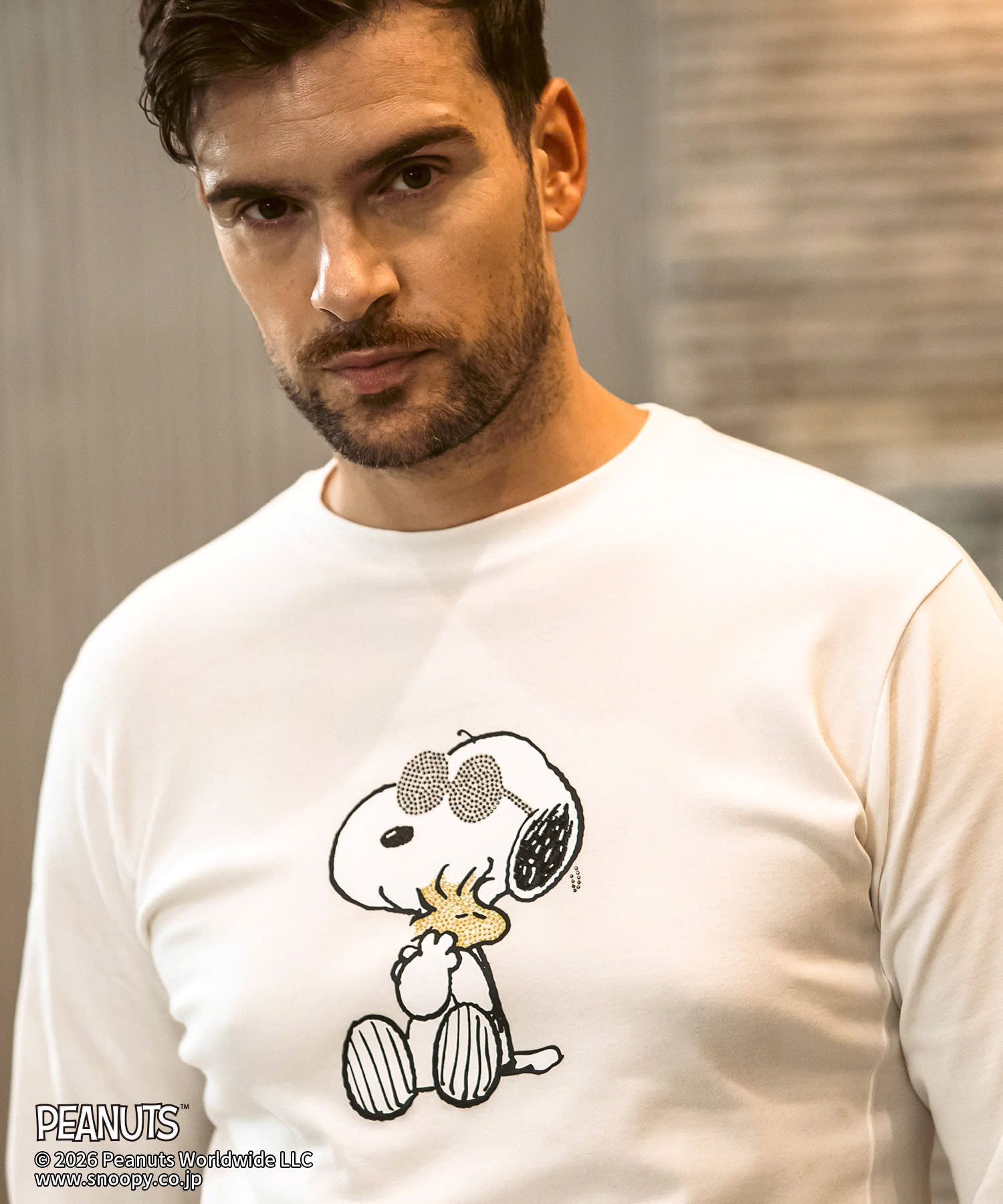 1PIU1UGUALE3 RELAX × PEANUTS / 【スヌーピー】ジョー・クルー＆ウッドストックロングTシャツ / ホワイト【UST-26094】