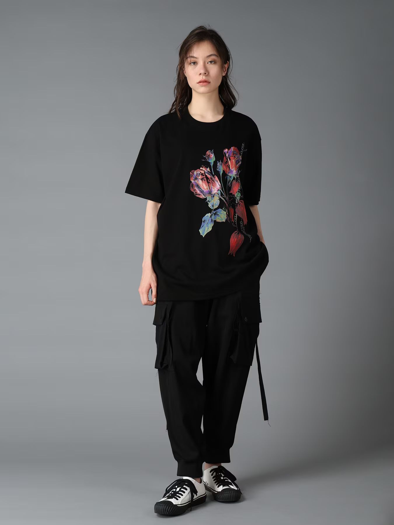 JERSEY ROSE AND TULIP T-SHIRT / BLACK  [GW-T80-070-2]