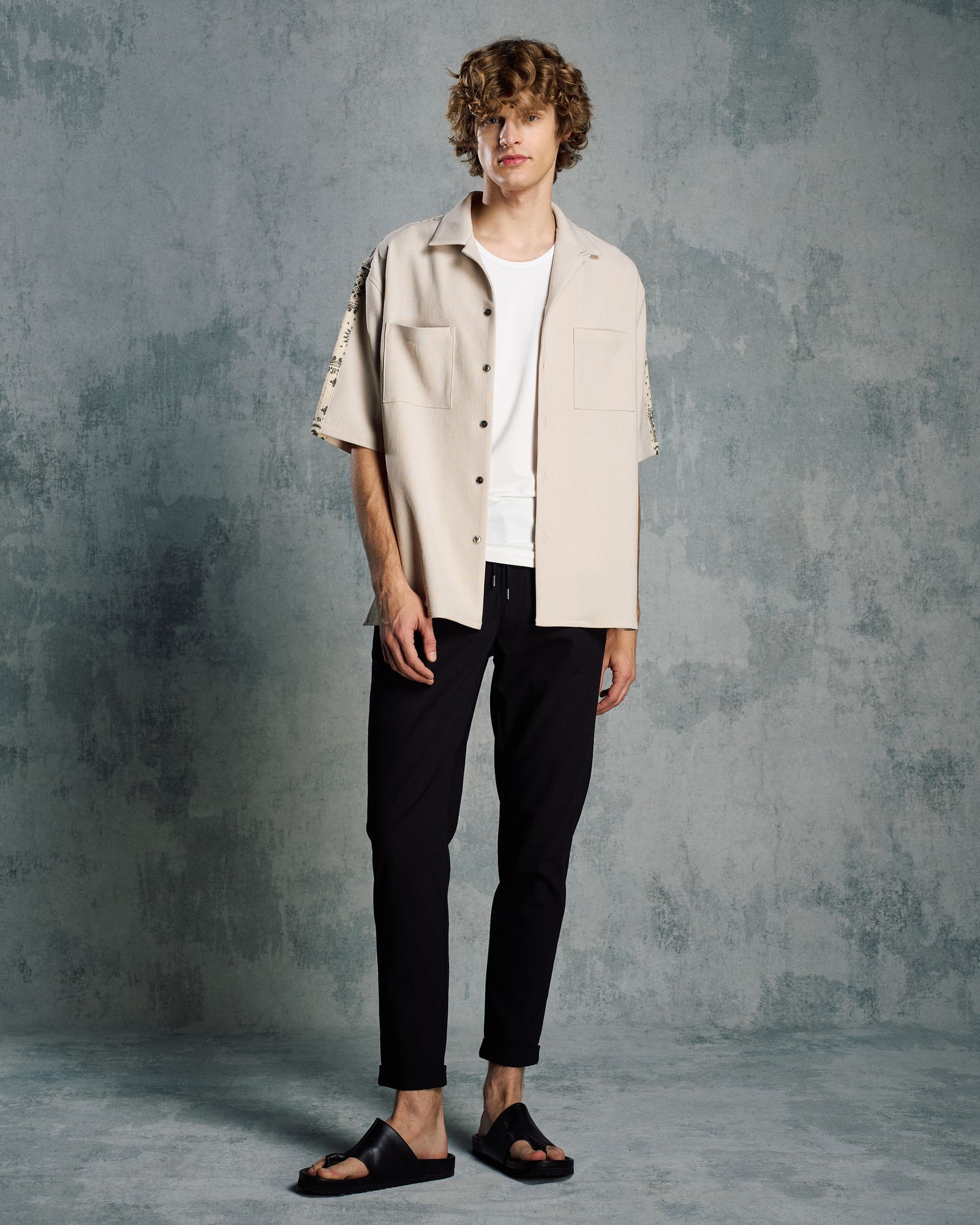 ☆先行予約☆ バンダナプリントパネルオープンカラーシャツ /  bandana print panel open shirt / BEIGE [4401 pe48i]