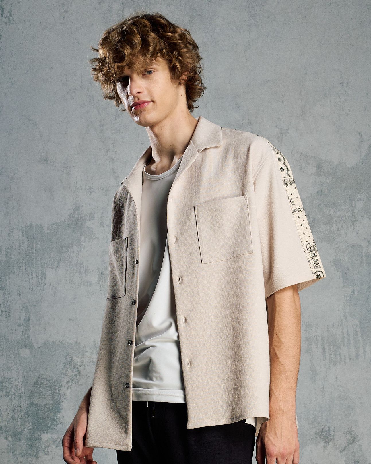 ☆先行予約☆ バンダナプリントパネルオープンカラーシャツ /  bandana print panel open shirt / BEIGE [4401 pe48i]