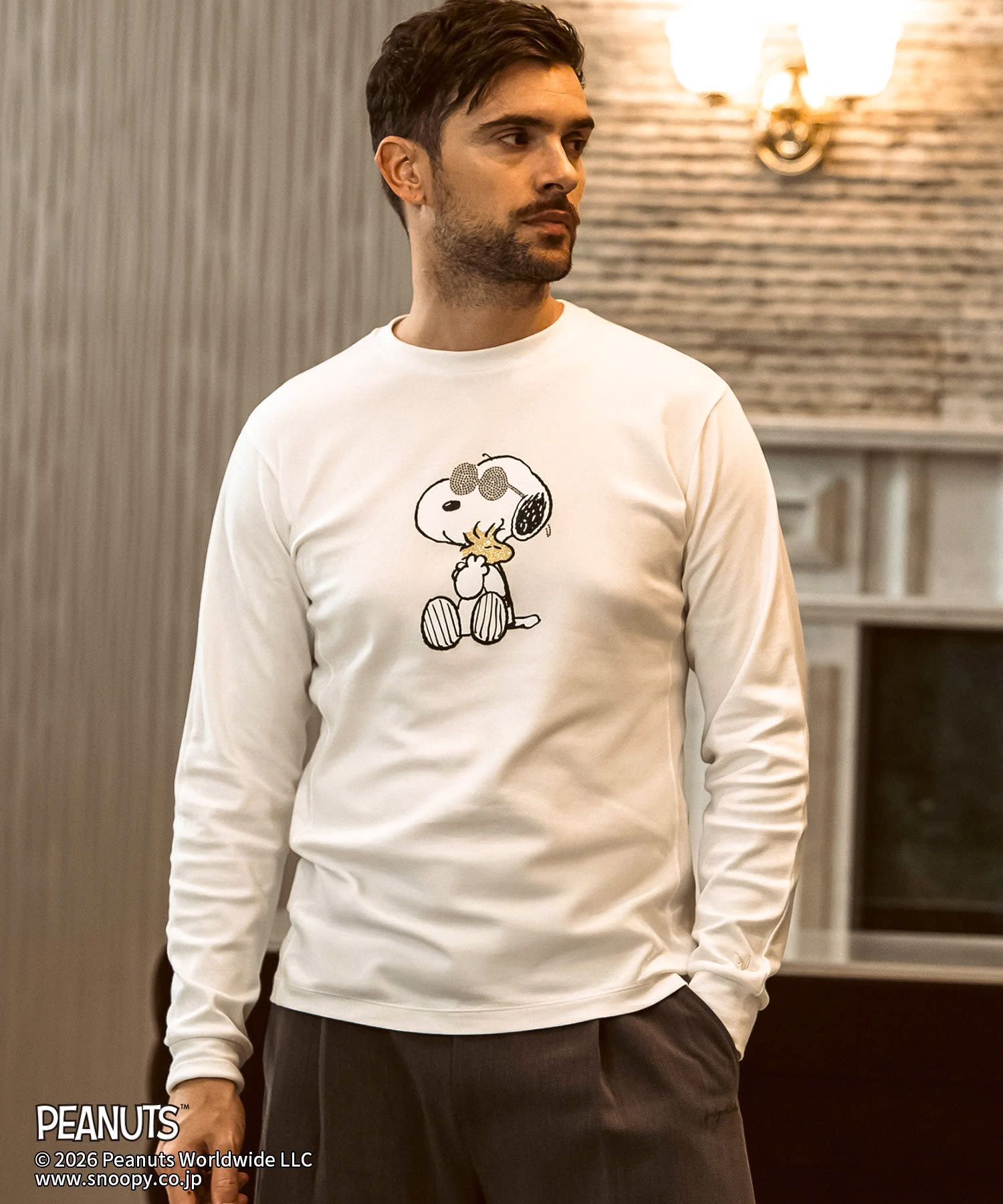 1PIU1UGUALE3 RELAX × PEANUTS / 【スヌーピー】ジョー・クルー＆ウッドストックロングTシャツ / ホワイト【UST-26094】