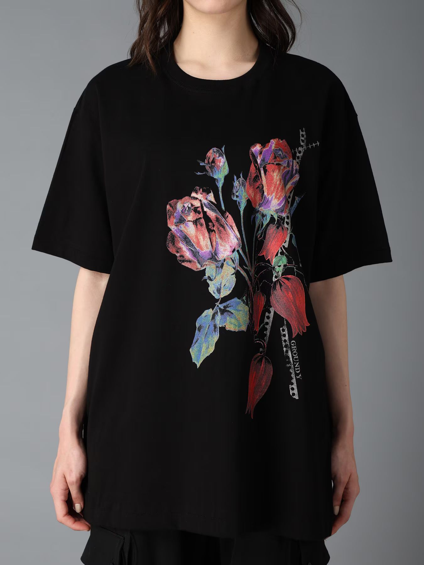 JERSEY ROSE AND TULIP T-SHIRT / BLACK  [GW-T80-070-2]