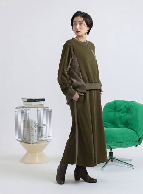 裏毛ミリタリーデザイン切替 L/S ワンピース /  カーキ [bc609305]