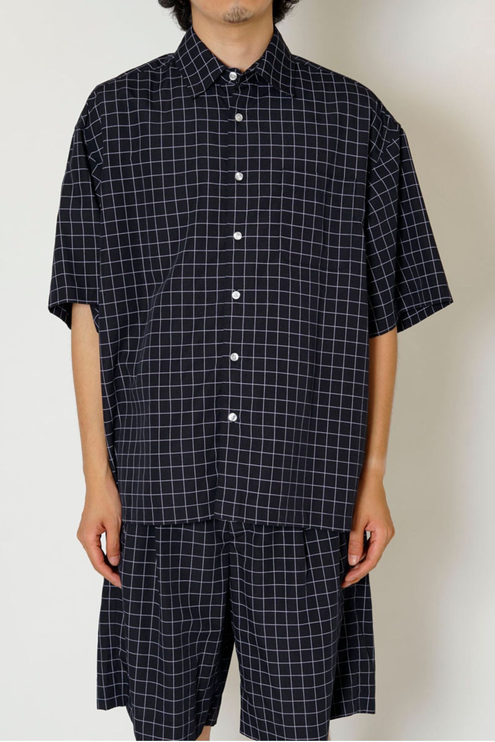 UNIVERSAL PRODUCTS - LINEN WINDOWPANE CHECK S/S SHIRT/D.NAVY