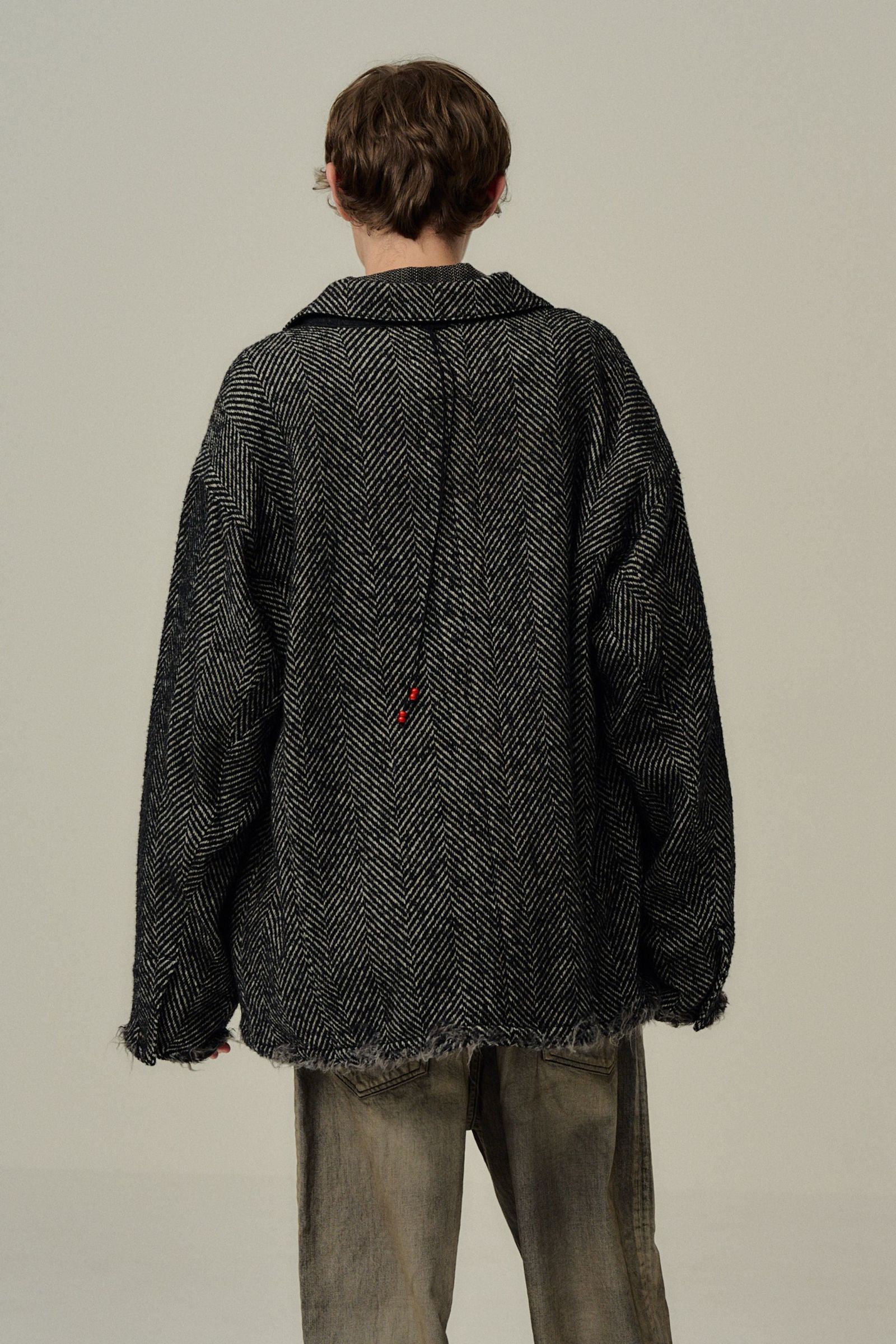 DAMAGE WOOL HERRINGBONE COVER ALL | WHITE×BLACK | カバーオール