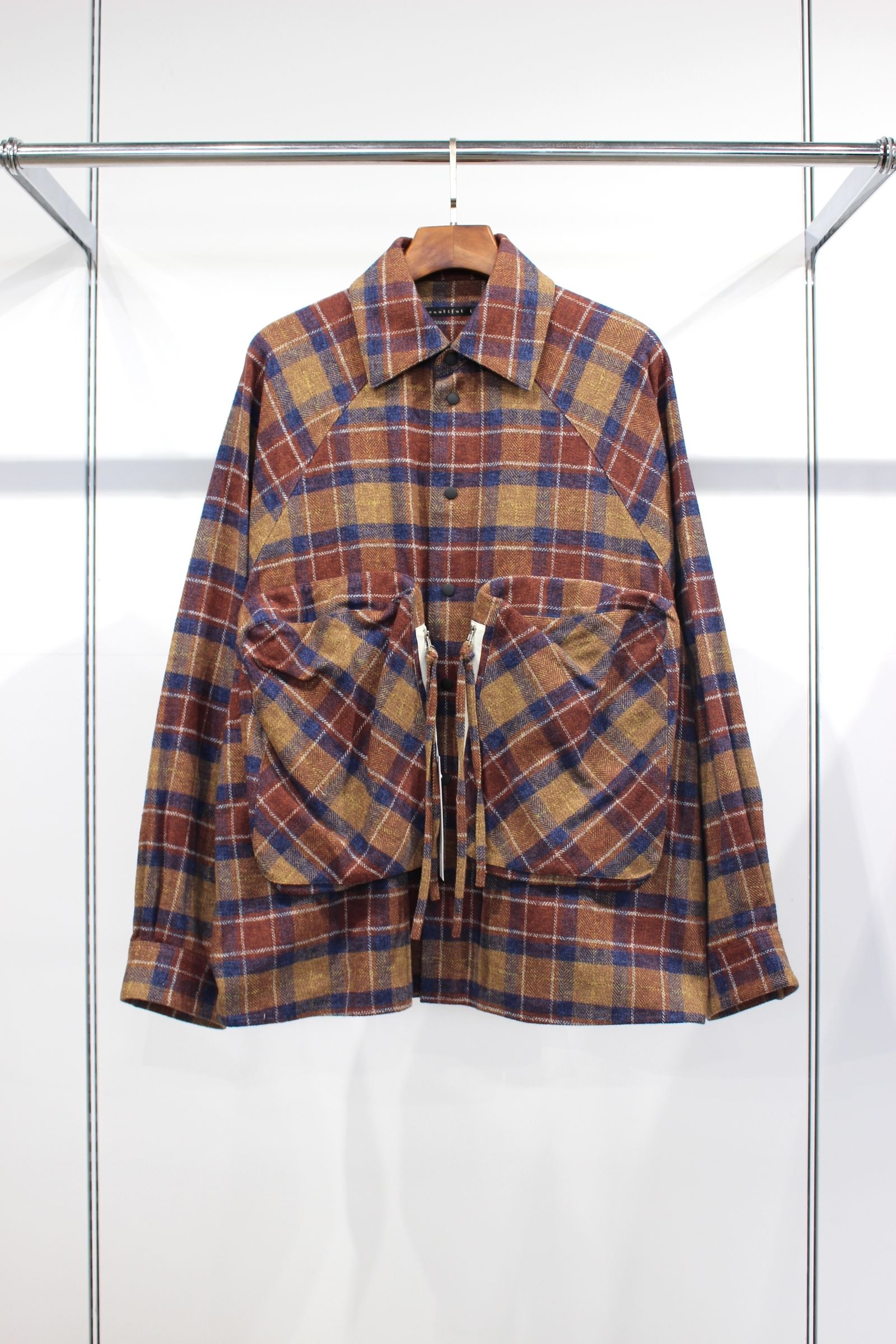 COTTON TWEED CHECK RAGLAN OVERSIZE SHIRT | ORANGE | シャツアウター