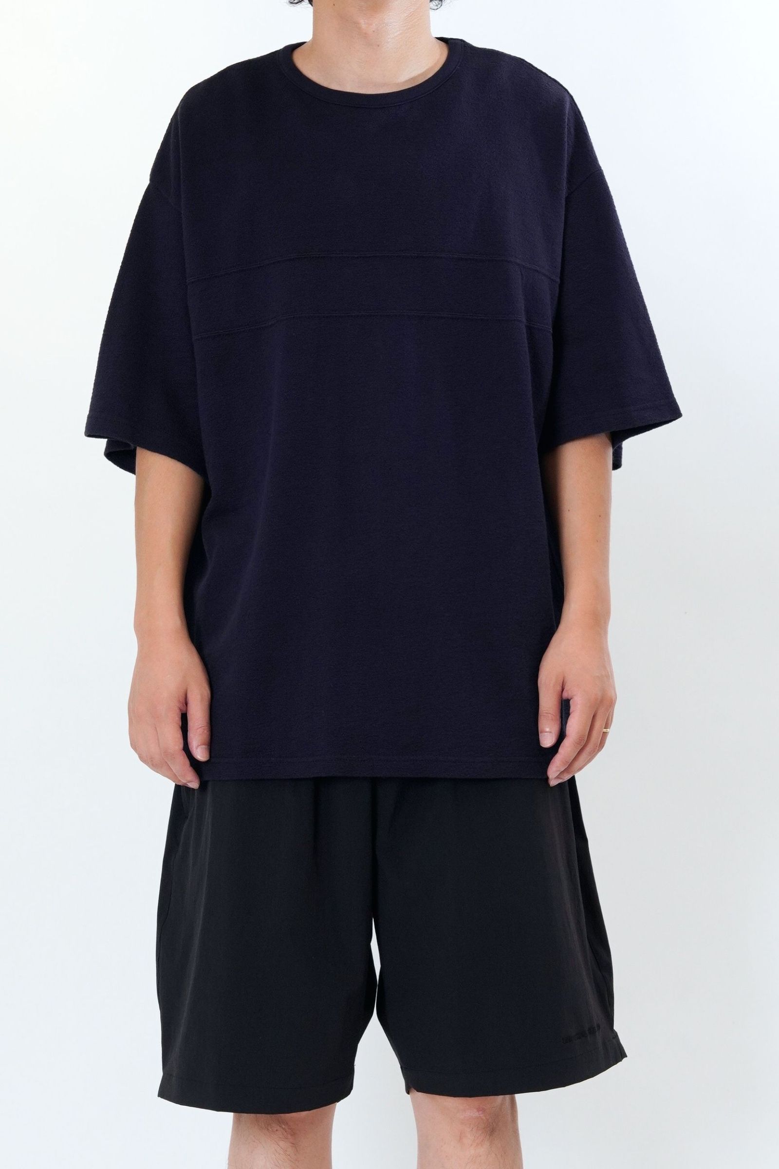 [ラスト1点] CREPE WEAVE S/S PANEL T-SHITRS | NAVY | カットソー
