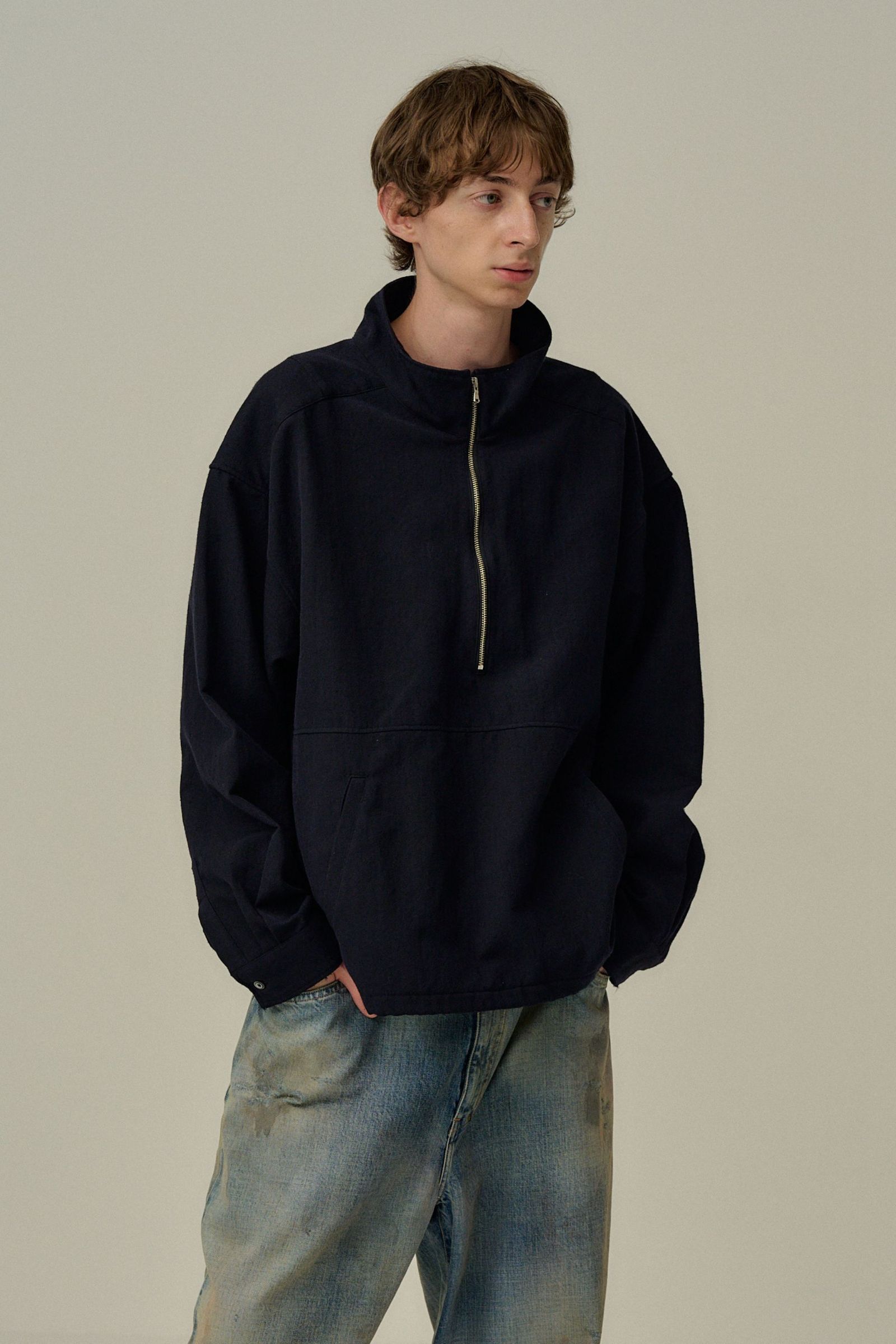 ANCELLM - WOOL HALF ZIP PULL OVER SHIRT | BLACK | ハーフ